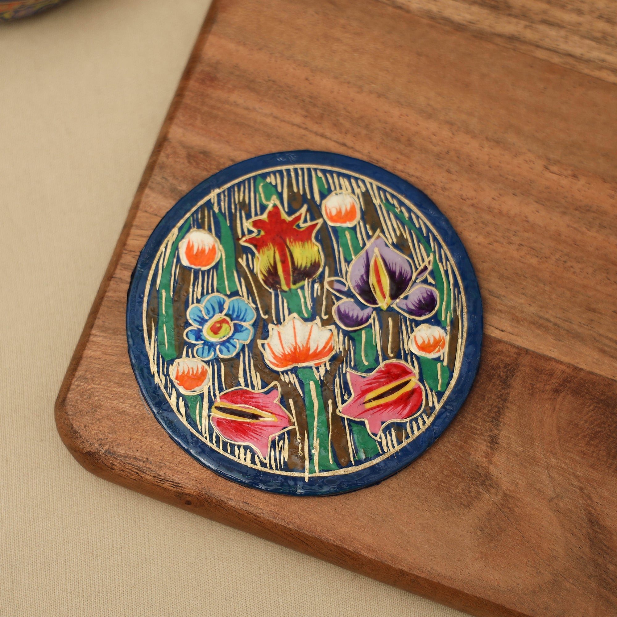 Multicolor - handpainted paper mache coaster with box (set