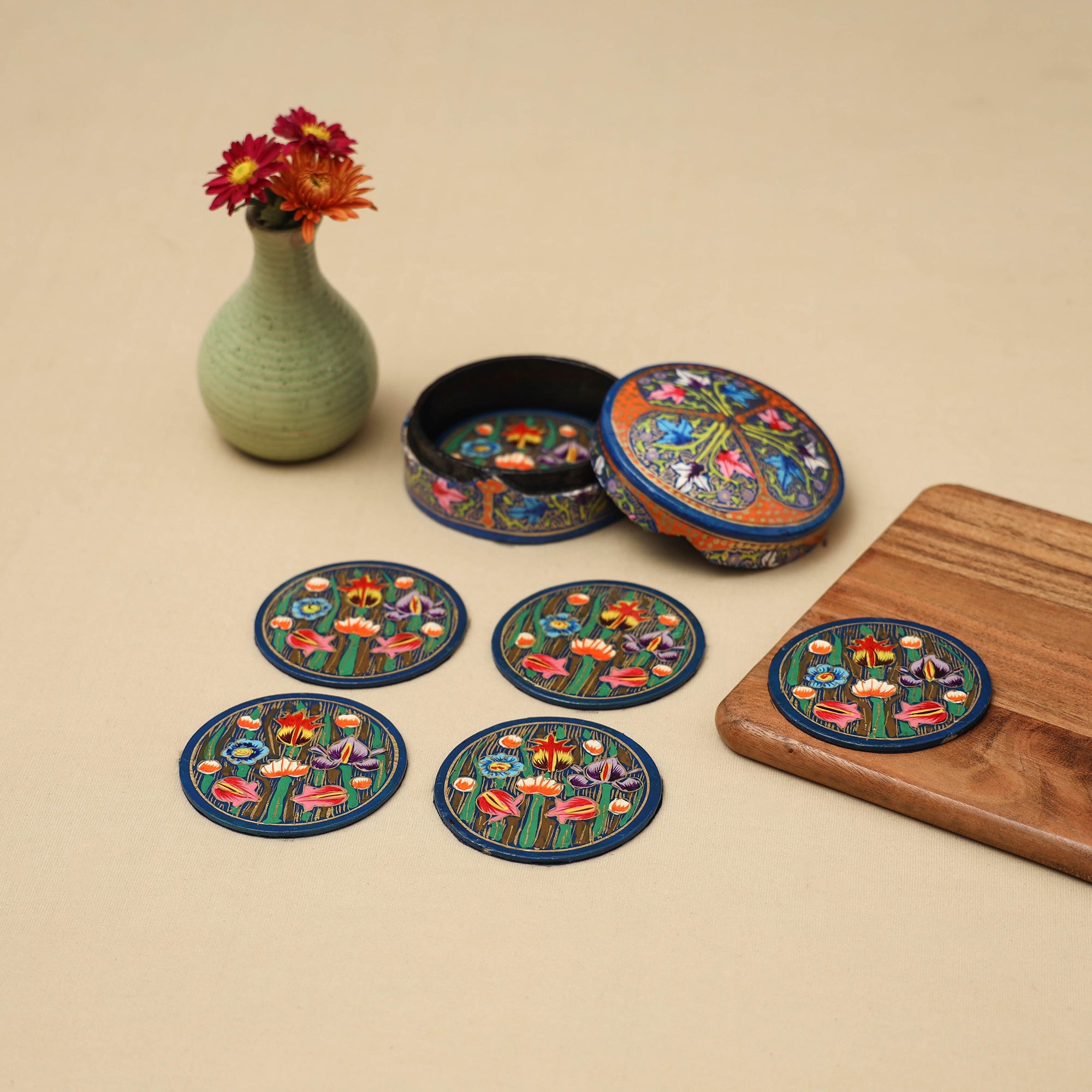 Multicolor - handpainted paper mache coaster with box (set