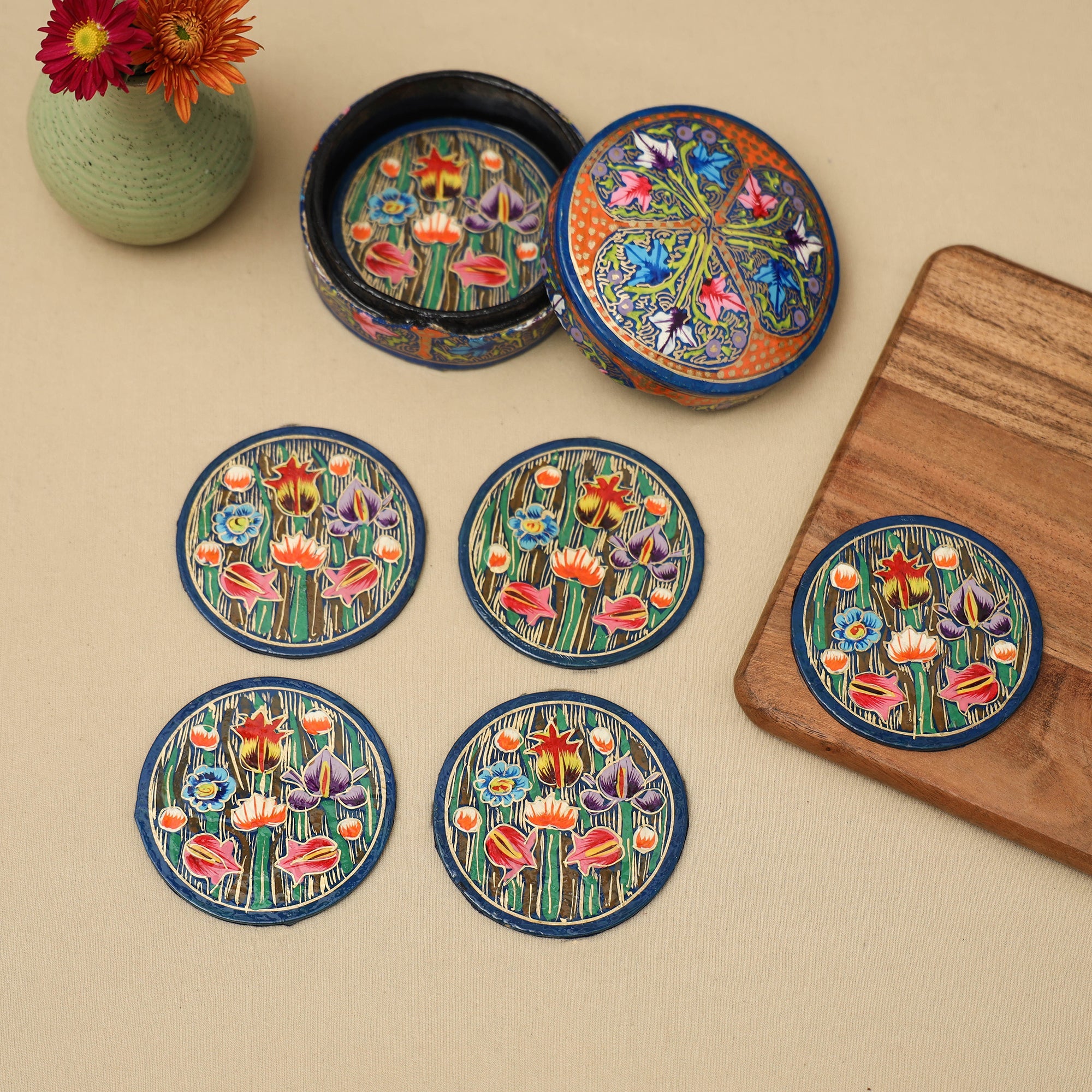Multicolor - handpainted paper mache coaster with box (set