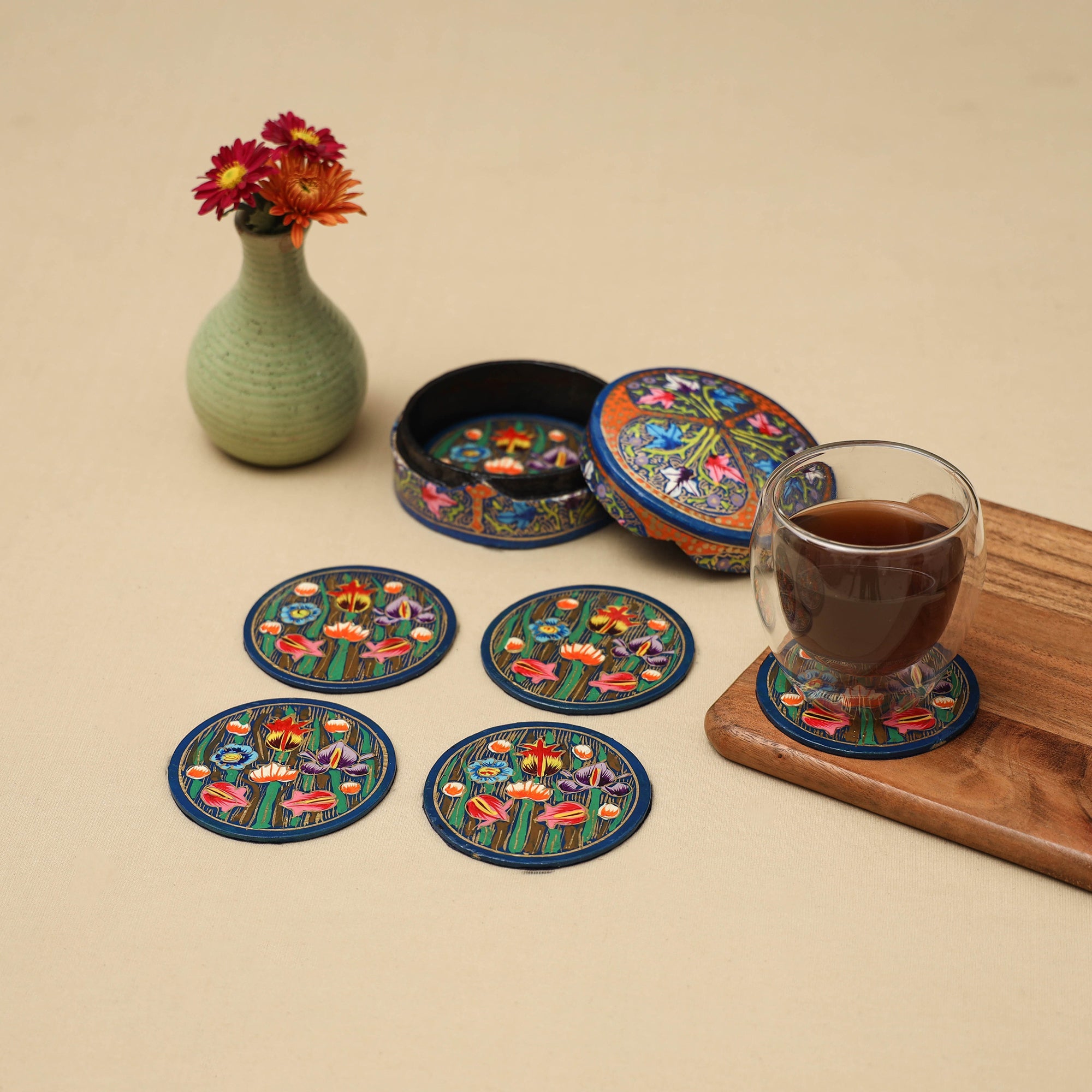 Multicolor - handpainted paper mache coaster with box (set