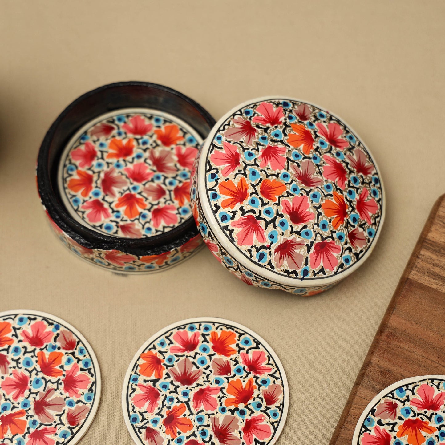 Multicolor - handpainted paper mache coaster with box (set