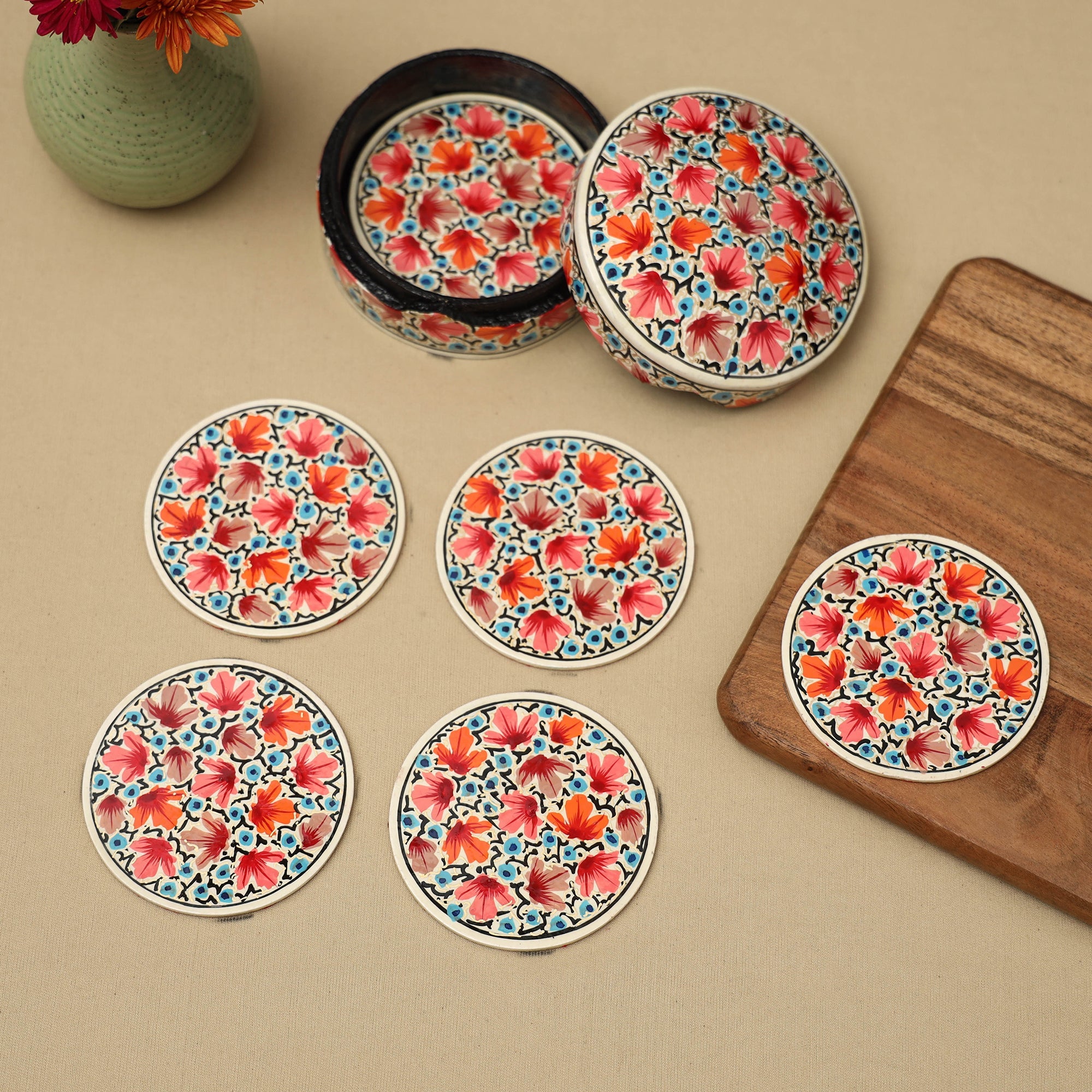 Multicolor - handpainted paper mache coaster with box (set