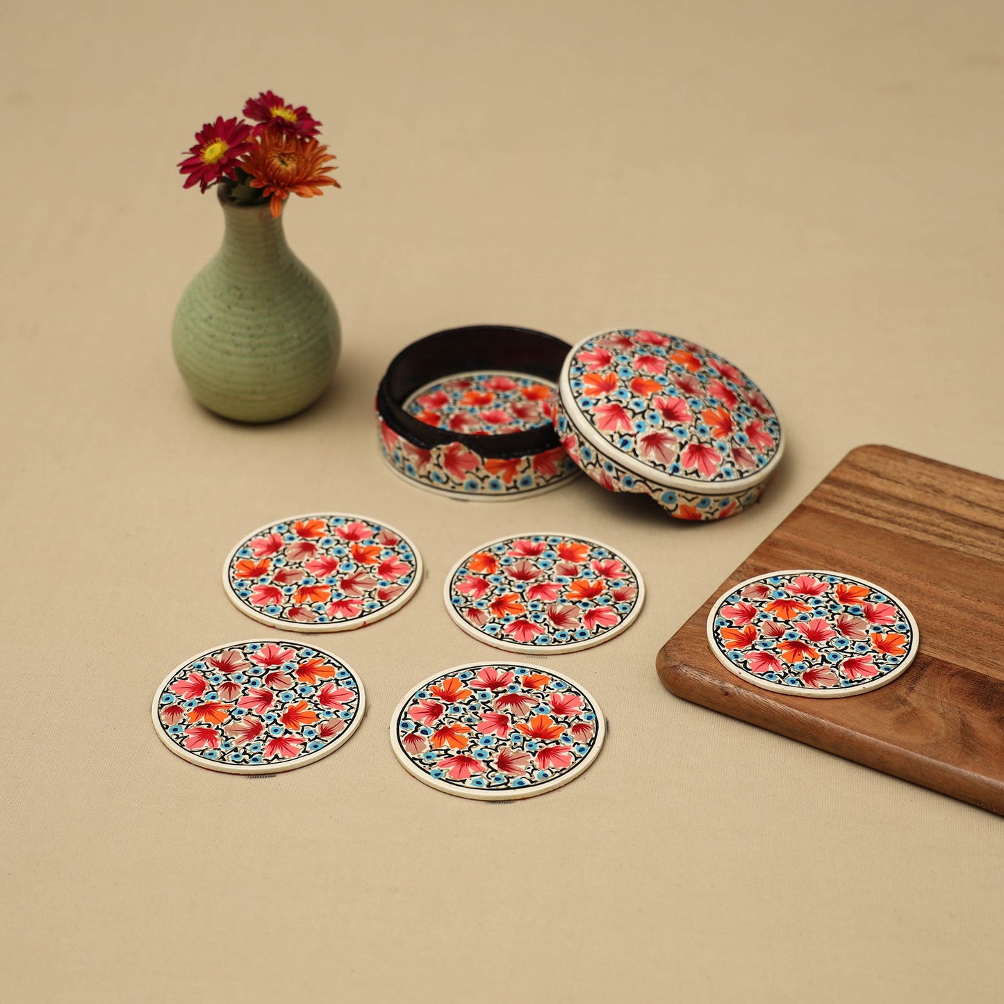 Multicolor - handpainted paper mache coaster with box (set