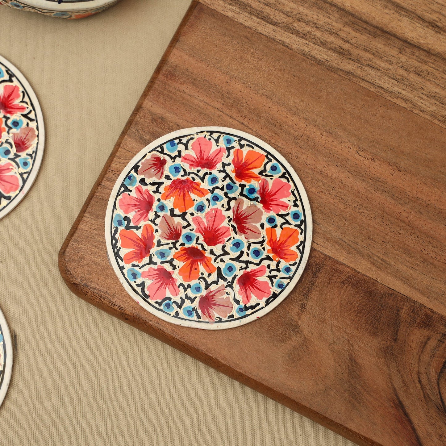 Multicolor - handpainted paper mache coaster with box (set