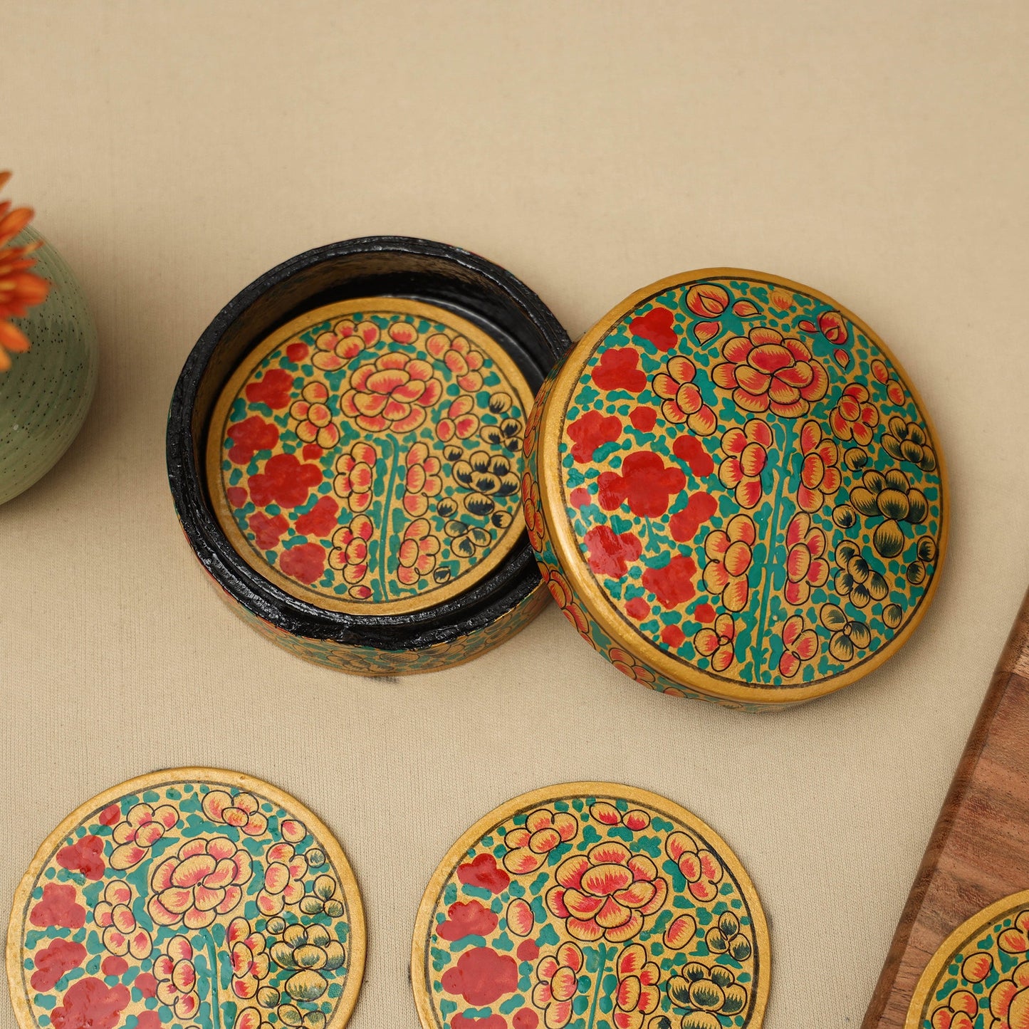 Multicolor - handpainted paper mache coaster with box (set