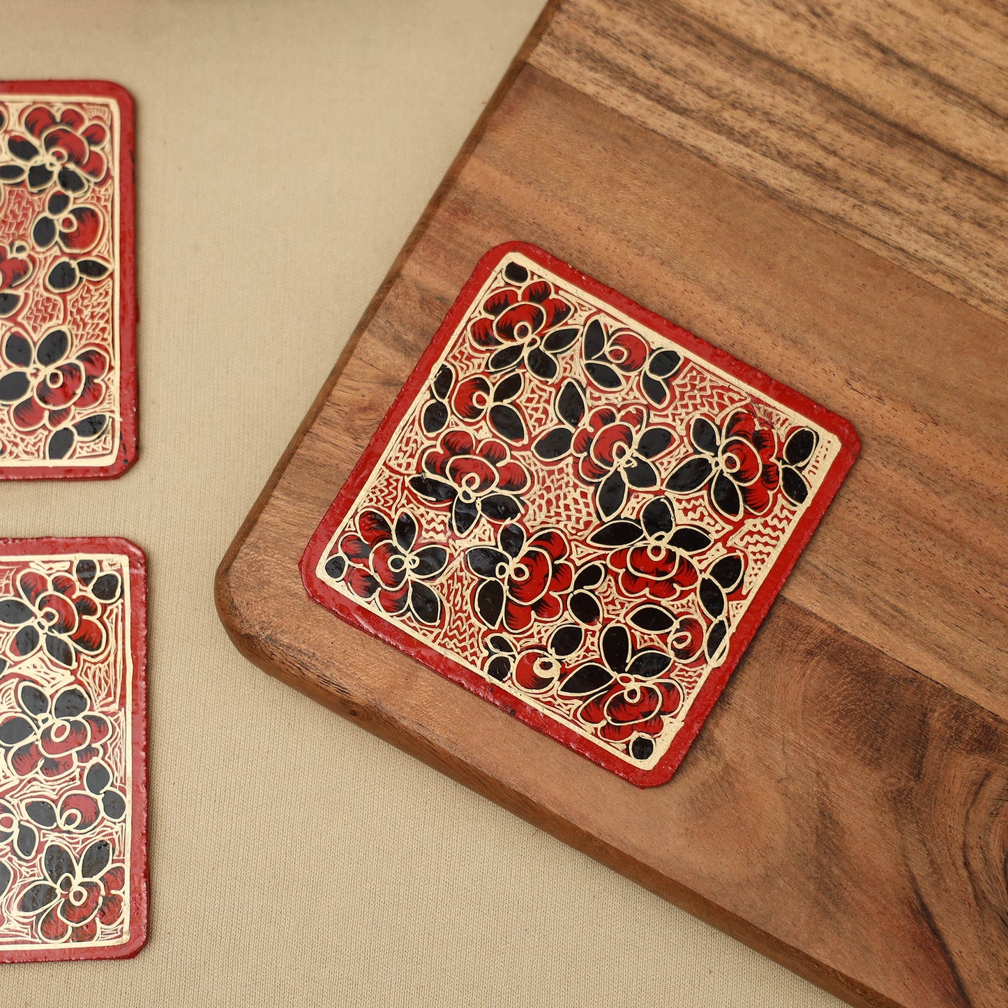 Multicolor - handpainted paper mache coaster with box (set