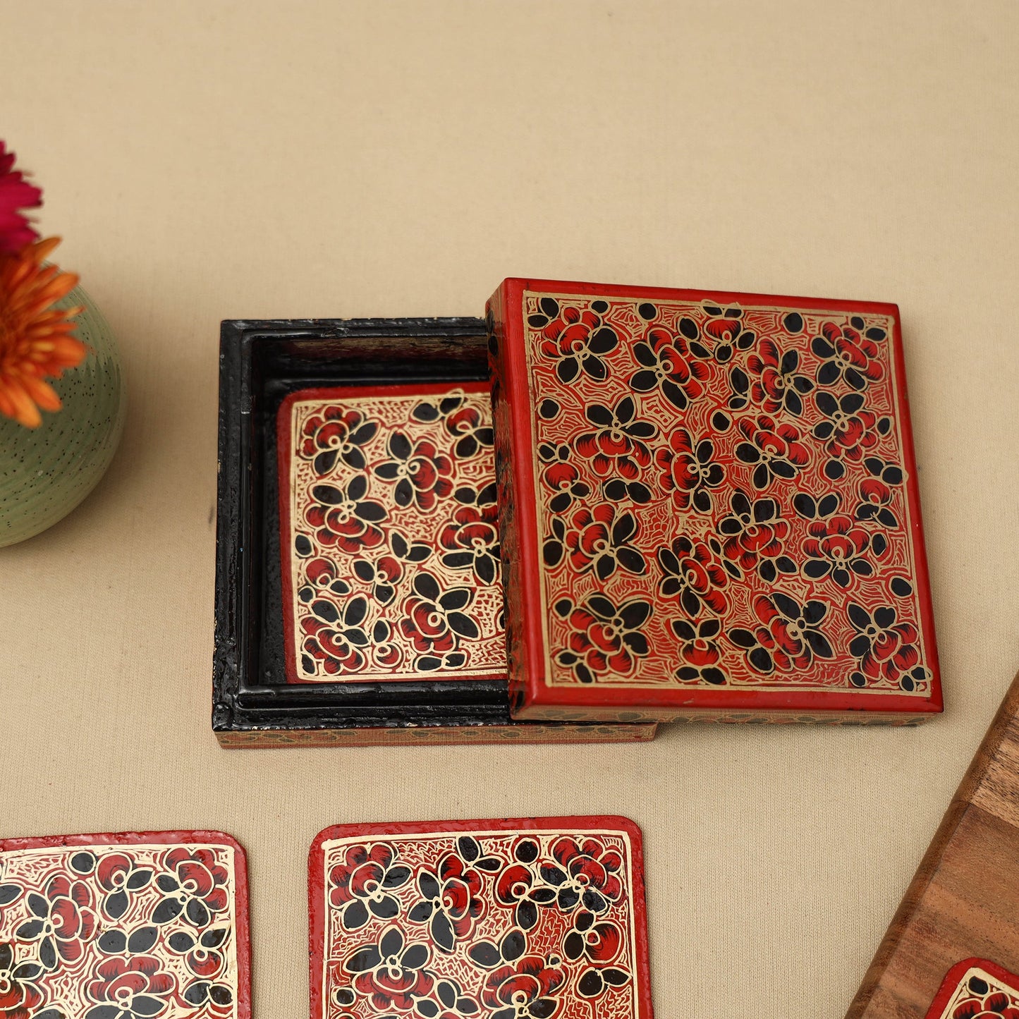 Multicolor - handpainted paper mache coaster with box (set