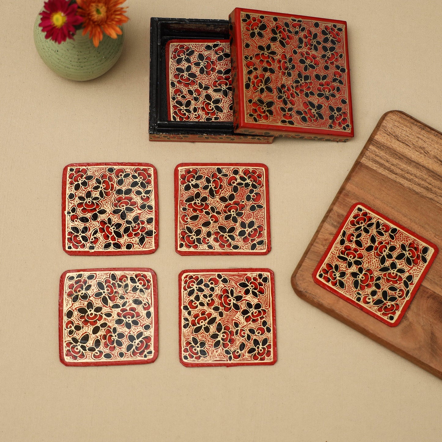 Multicolor - handpainted paper mache coaster with box (set