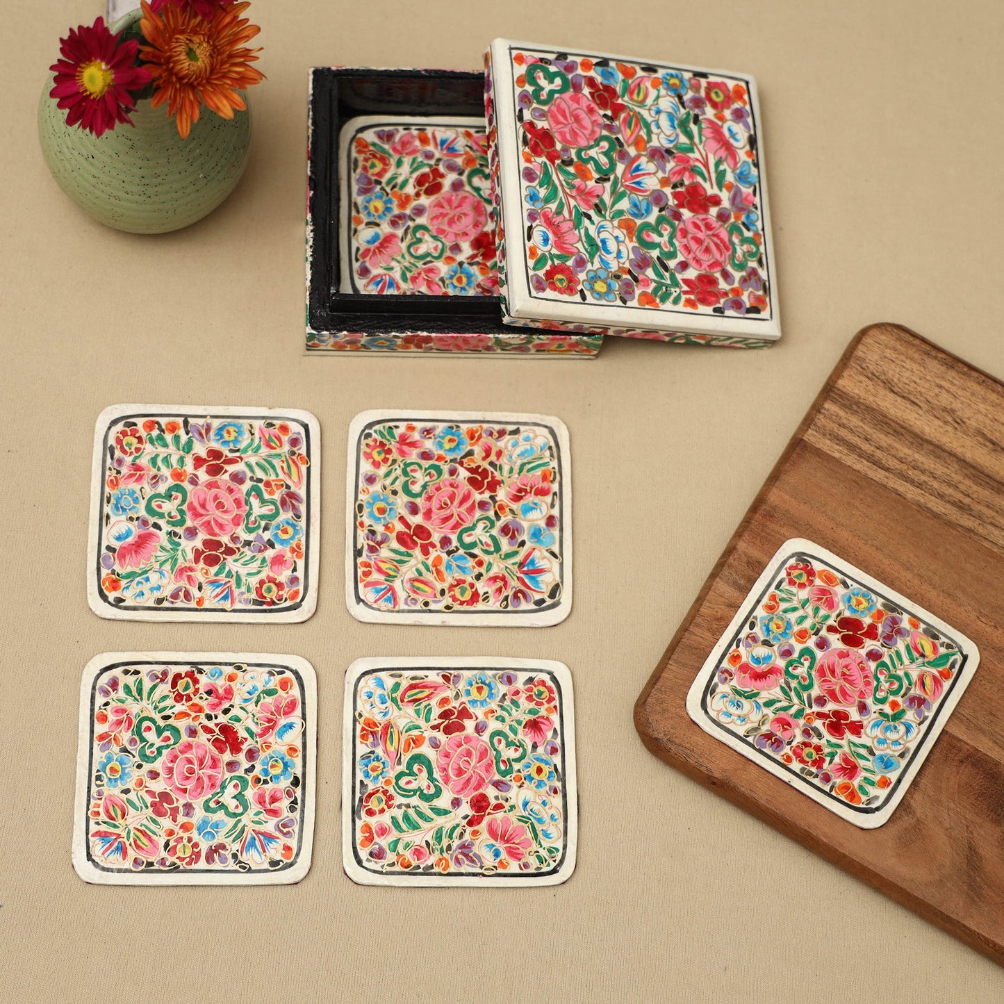 Multicolor - handpainted paper mache coaster with box (set