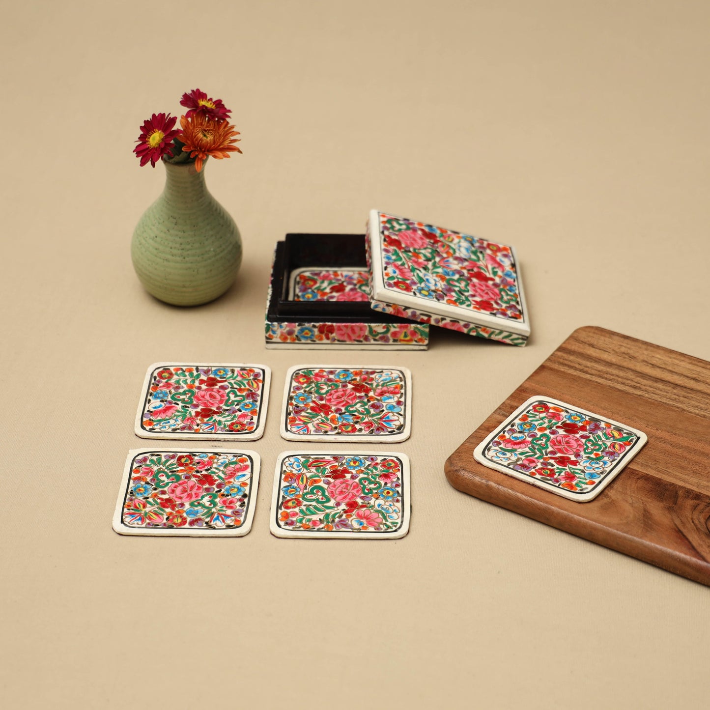 Multicolor - handpainted paper mache coaster with box (set