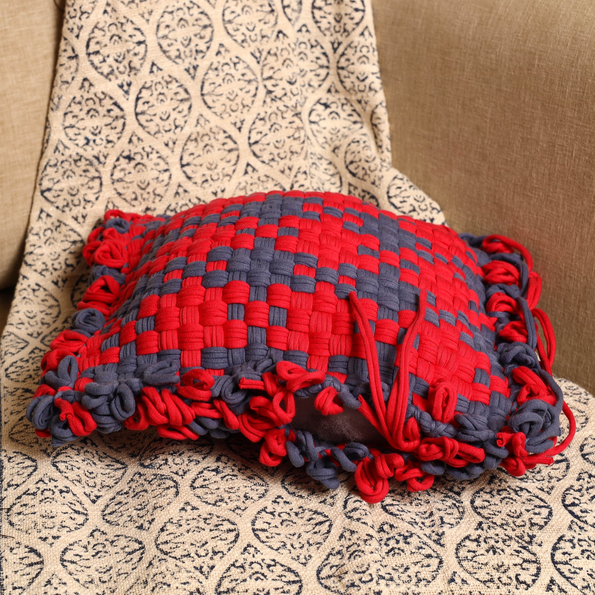 Multicolor - handwoven upcycled cotton cushion cover (12 x