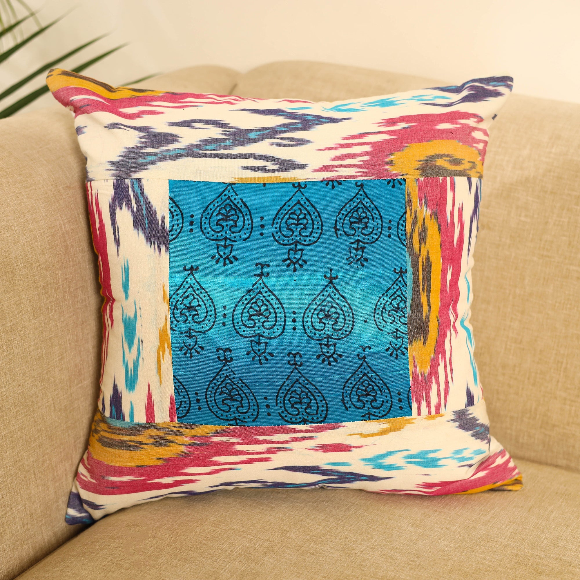 Buy Multicolor Ikat Cotton with Ajrakh Modal Silk Cushion Cover