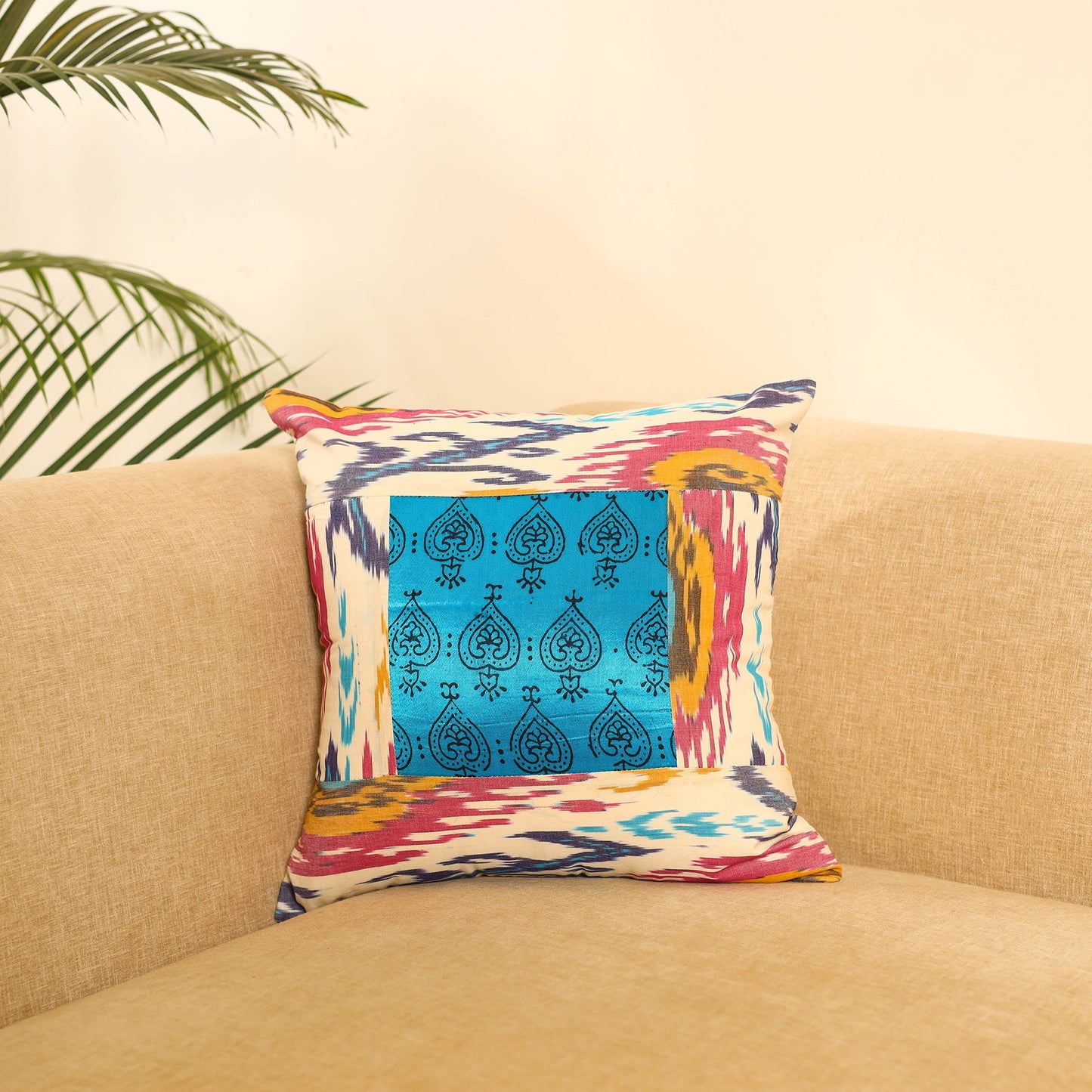 Buy Multicolor Ikat Cotton with Ajrakh Modal Silk Cushion Cover