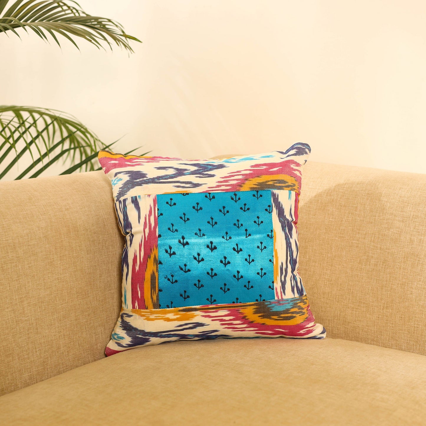 Multicolor Ikat Cotton with Ajrakh Modal Silk Cushion Cover