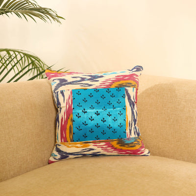 Multicolor Ikat Cotton with Ajrakh Modal Silk Cushion Cover