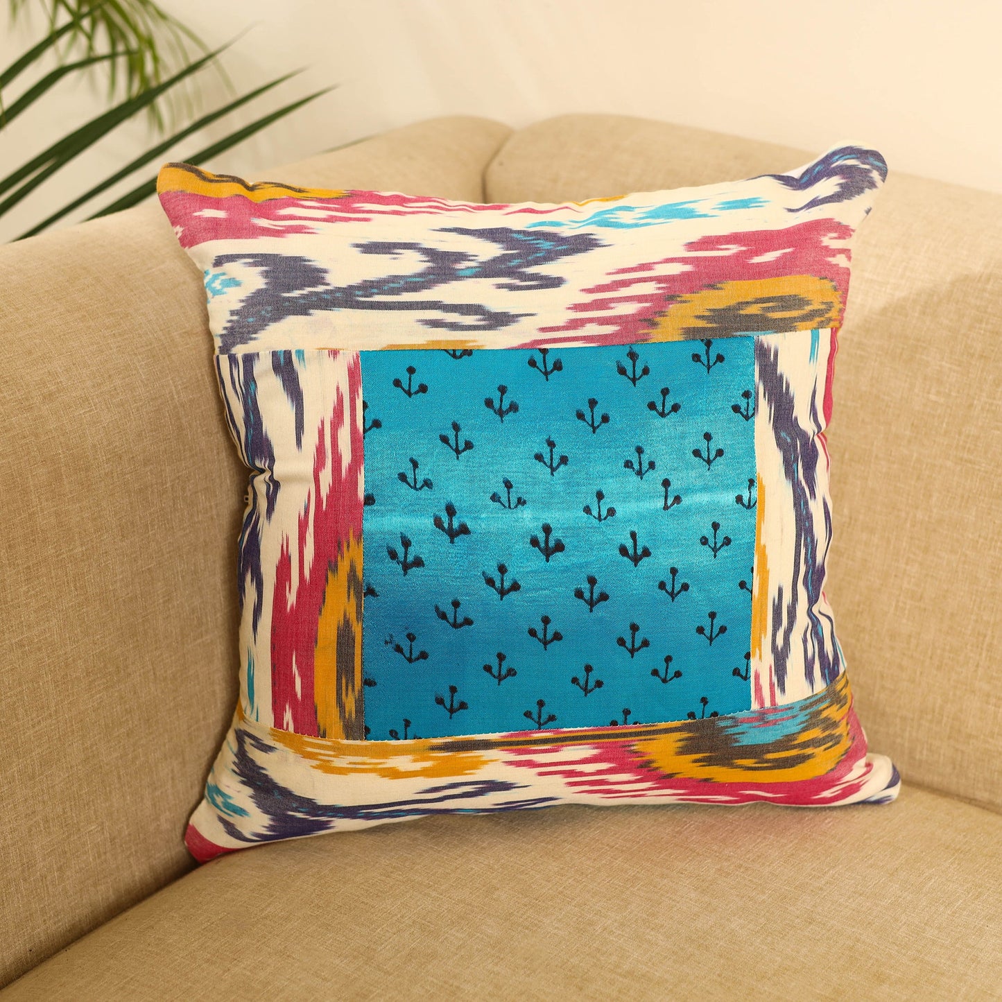 Multicolor Ikat Cotton with Ajrakh Modal Silk Cushion Cover