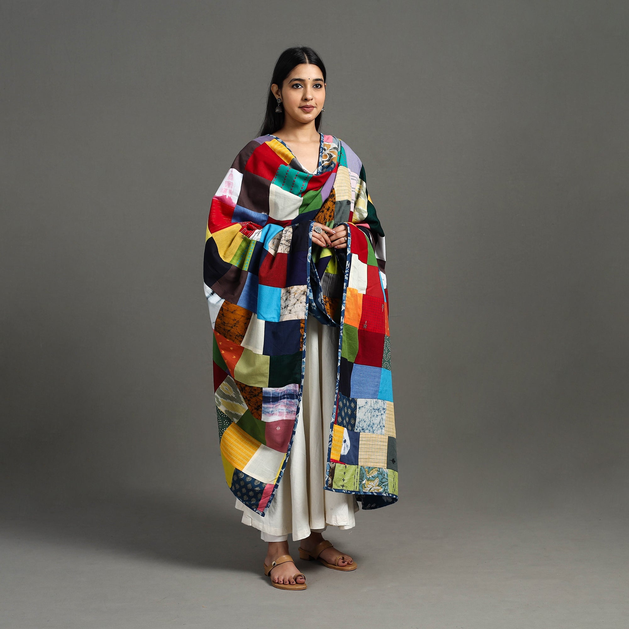  Multicolor Indigo Cotton Reversible Patchwork Dupatta