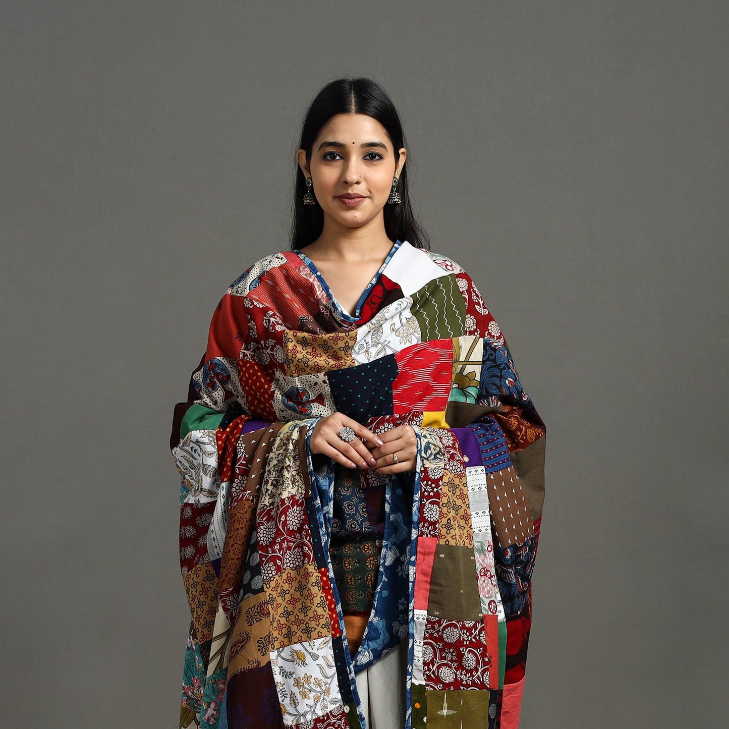 Multicolor - indigo cotton reversible patchwork dupatta 03