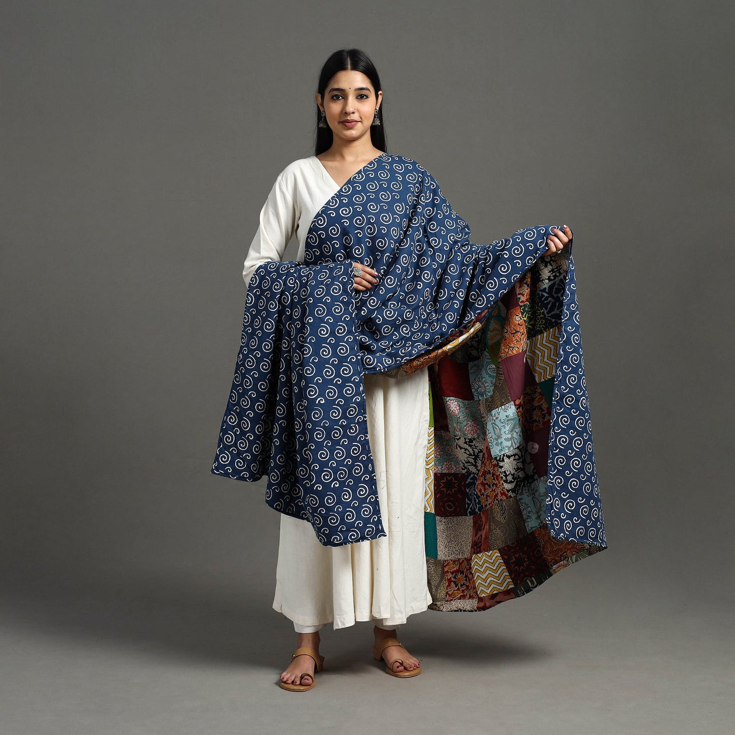 Multicolor - indigo cotton reversible patchwork dupatta 04