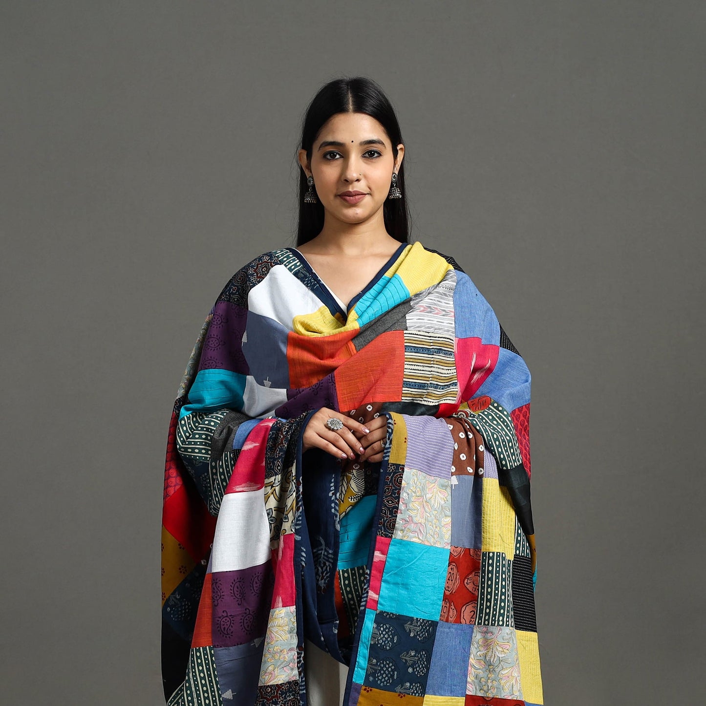 Multicolor - indigo cotton reversible patchwork dupatta 05
