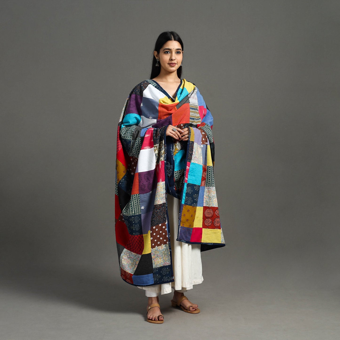 Multicolor - indigo cotton reversible patchwork dupatta 05