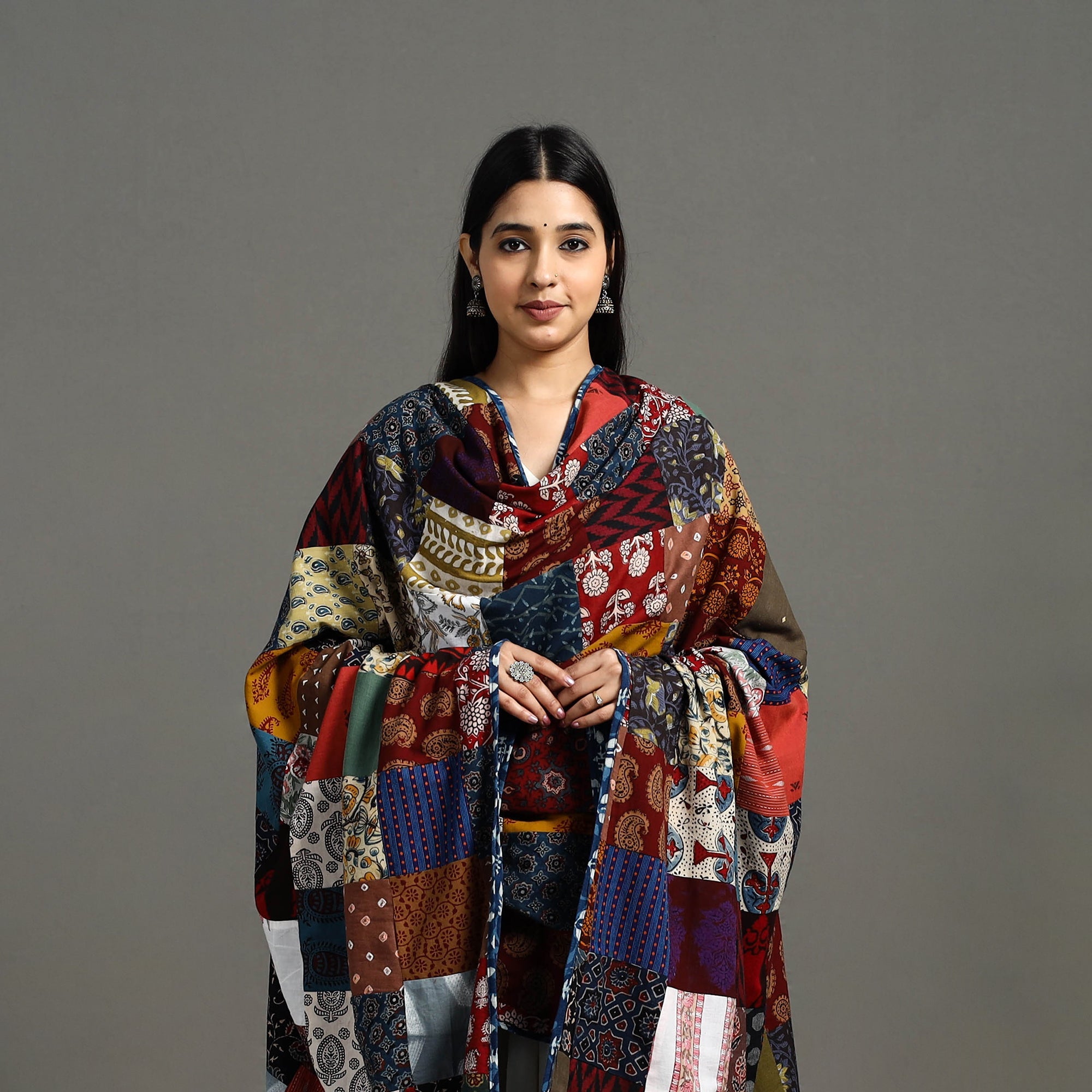 Multicolor - indigo cotton reversible patchwork dupatta 08