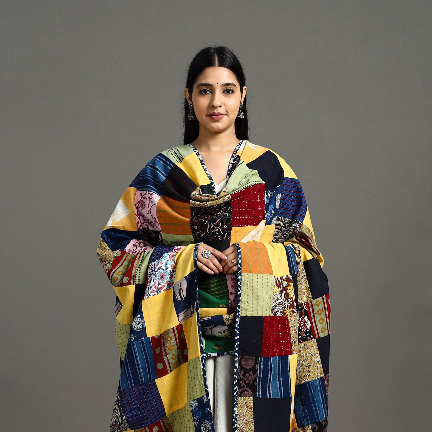 Multicolor - indigo cotton reversible patchwork dupatta 09