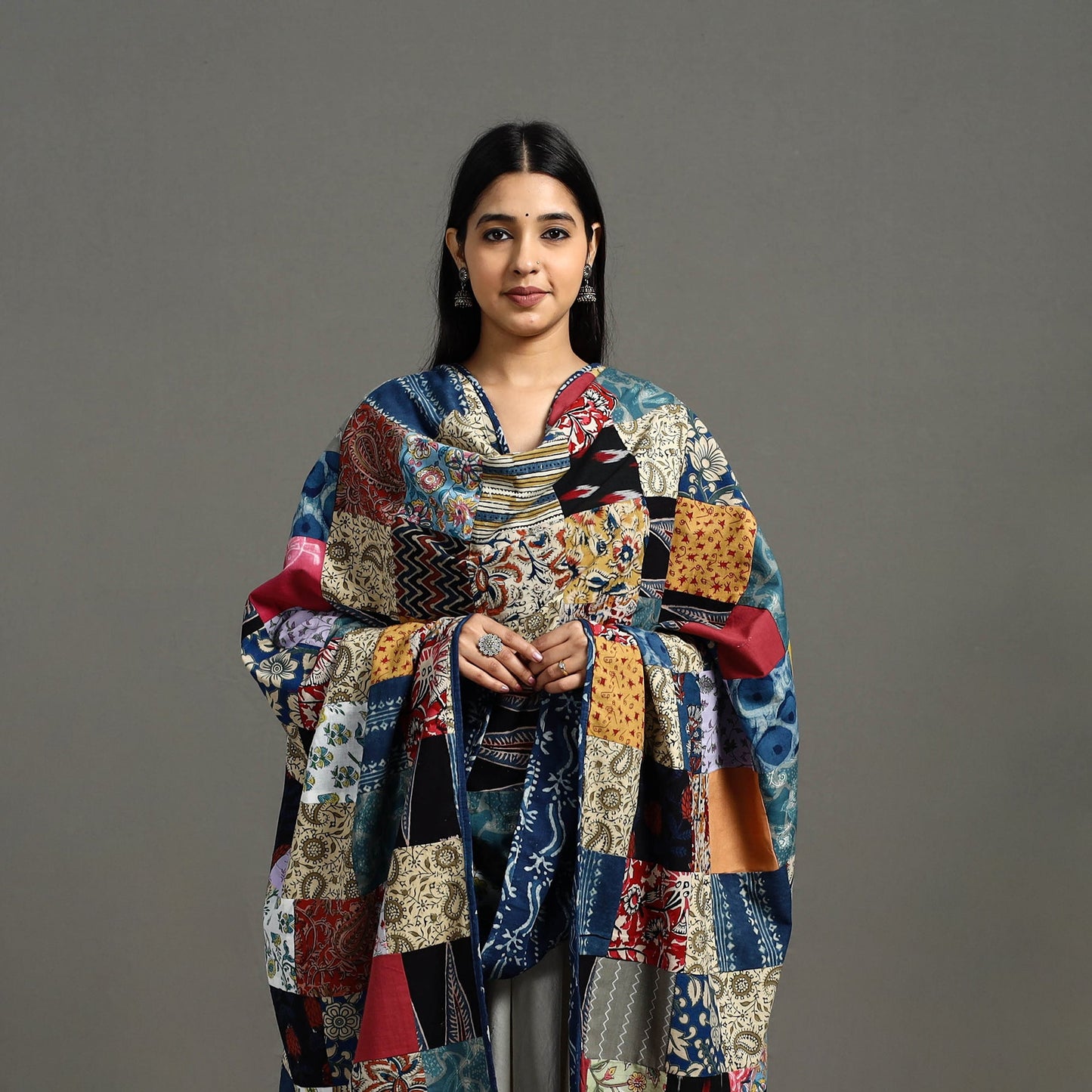 Multicolor - indigo cotton reversible patchwork dupatta 10