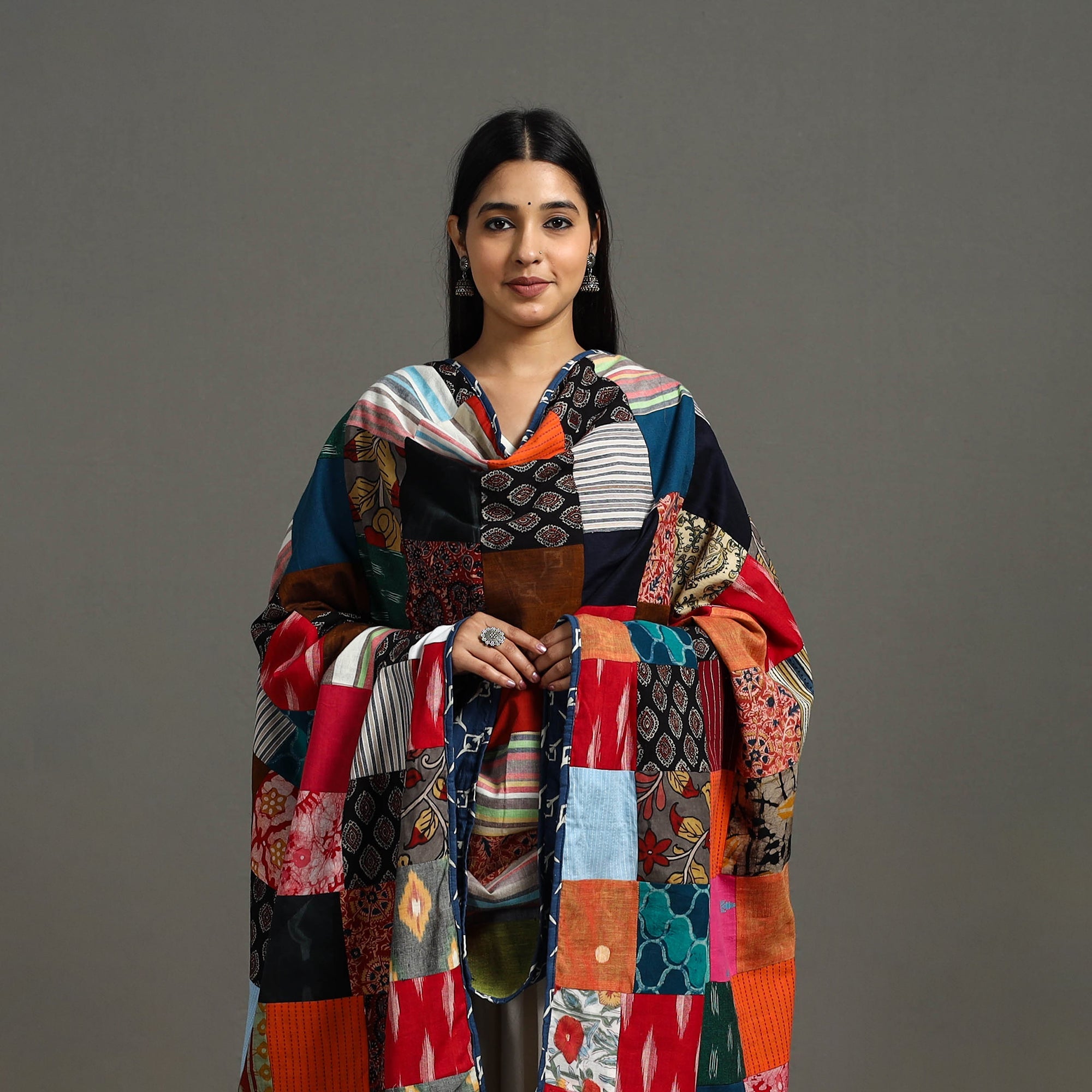 Multicolor - indigo cotton reversible patchwork dupatta 11