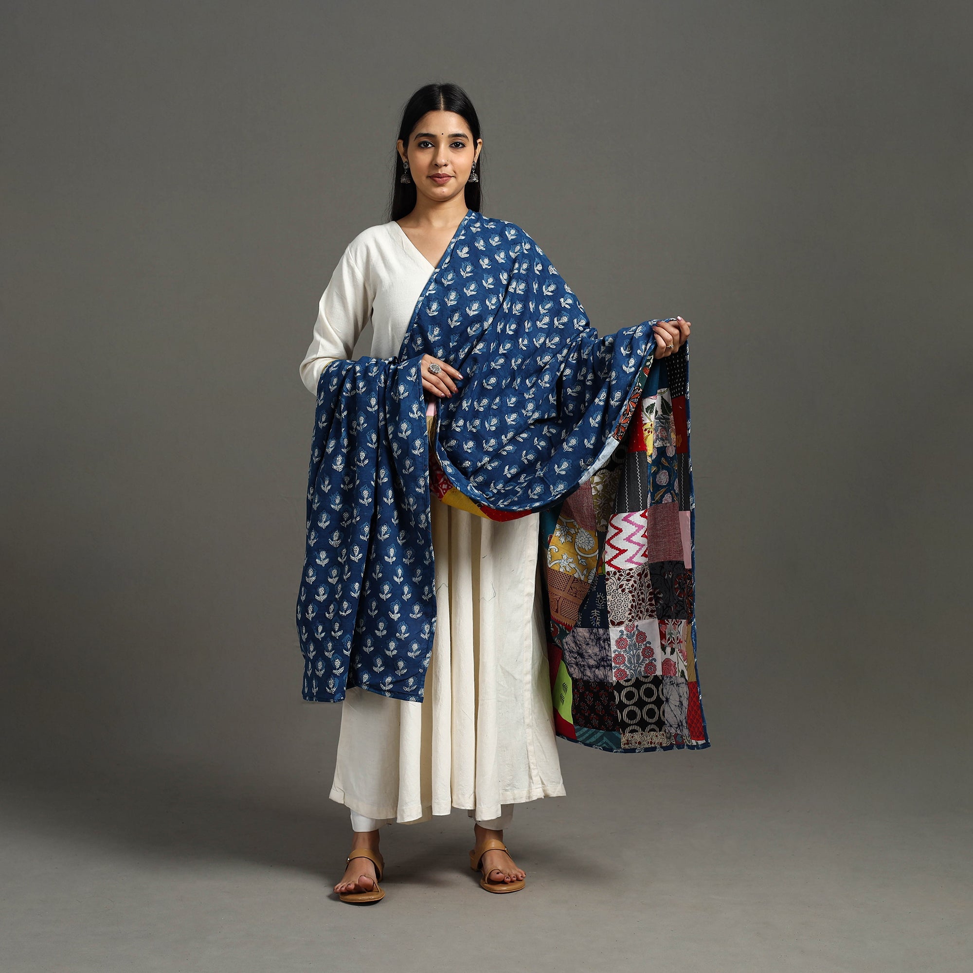 Multicolor - indigo cotton reversible patchwork dupatta 12