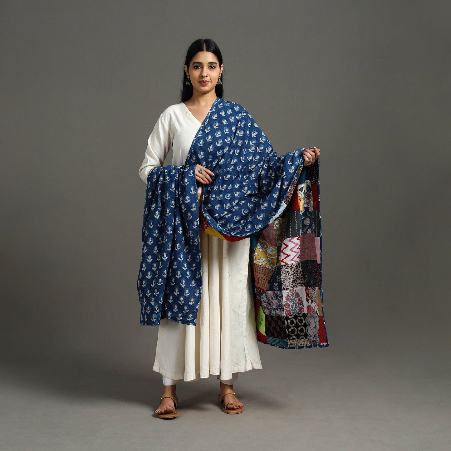 Multicolor - indigo cotton reversible patchwork dupatta 12