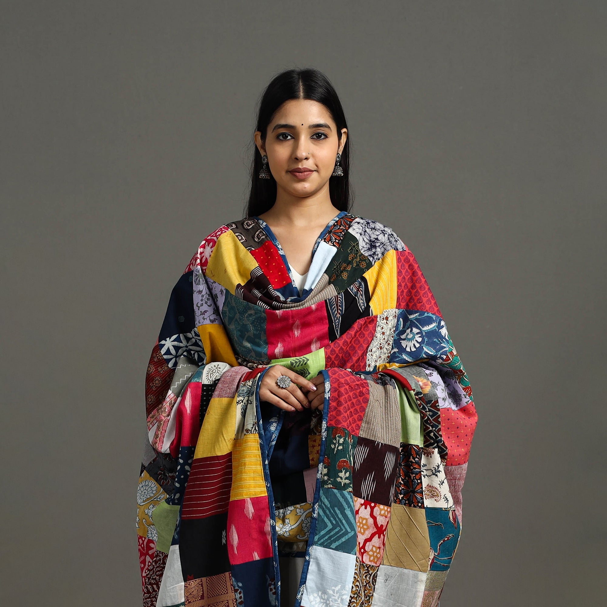 Multicolor - indigo cotton reversible patchwork dupatta 12