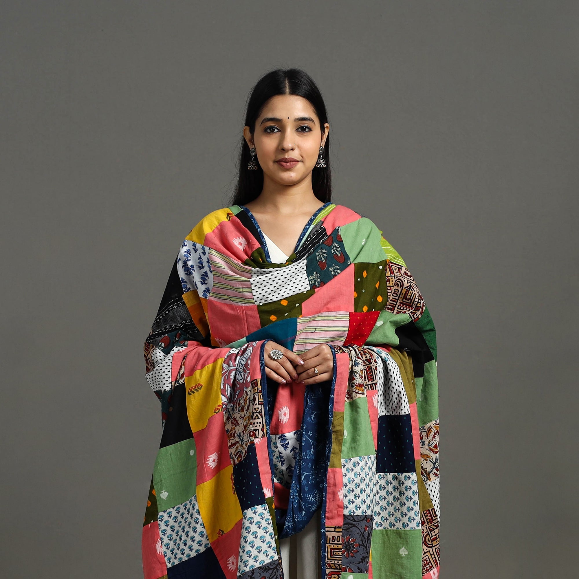 Multicolor - indigo cotton reversible patchwork dupatta 13