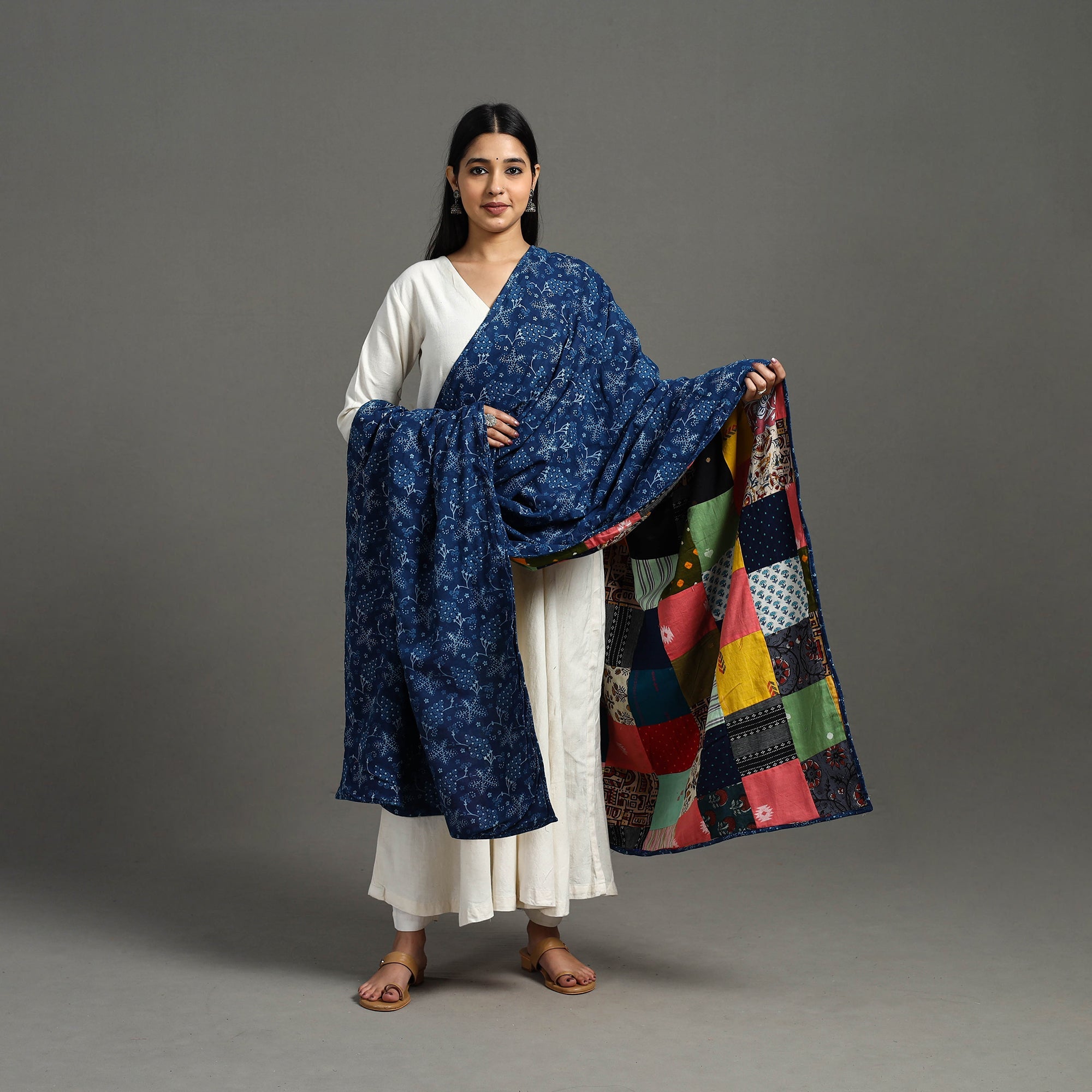 Multicolor - indigo cotton reversible patchwork dupatta 13