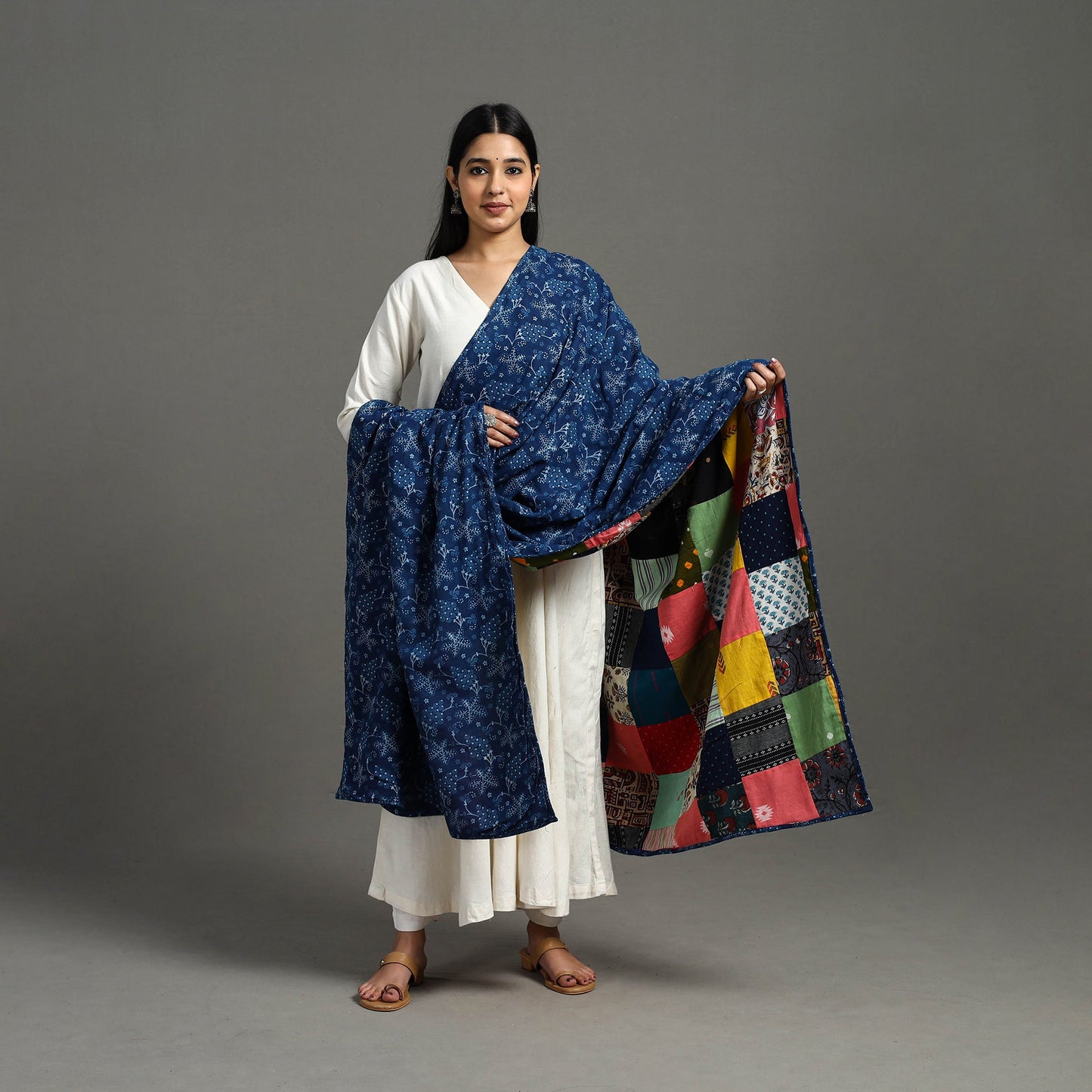Multicolor - indigo cotton reversible patchwork dupatta 13