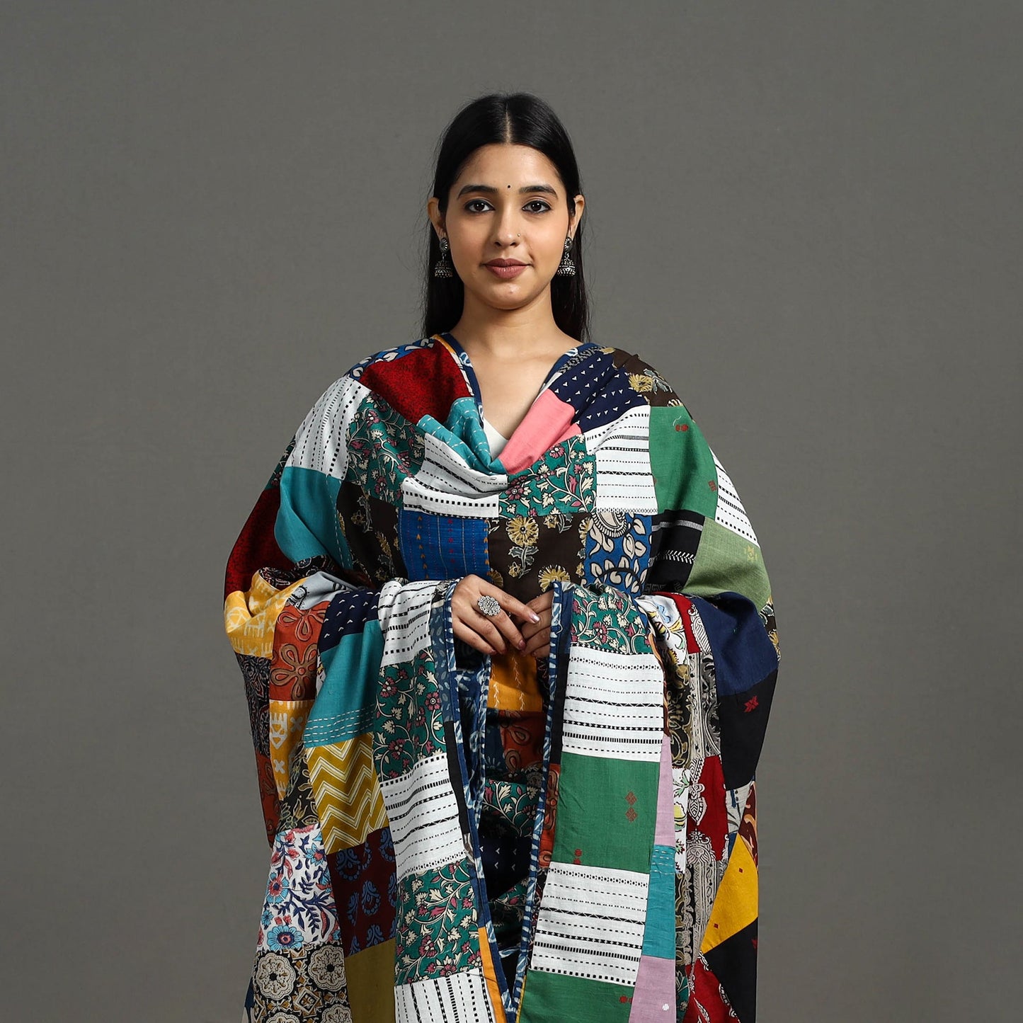 Multicolor - indigo cotton reversible patchwork dupatta 16