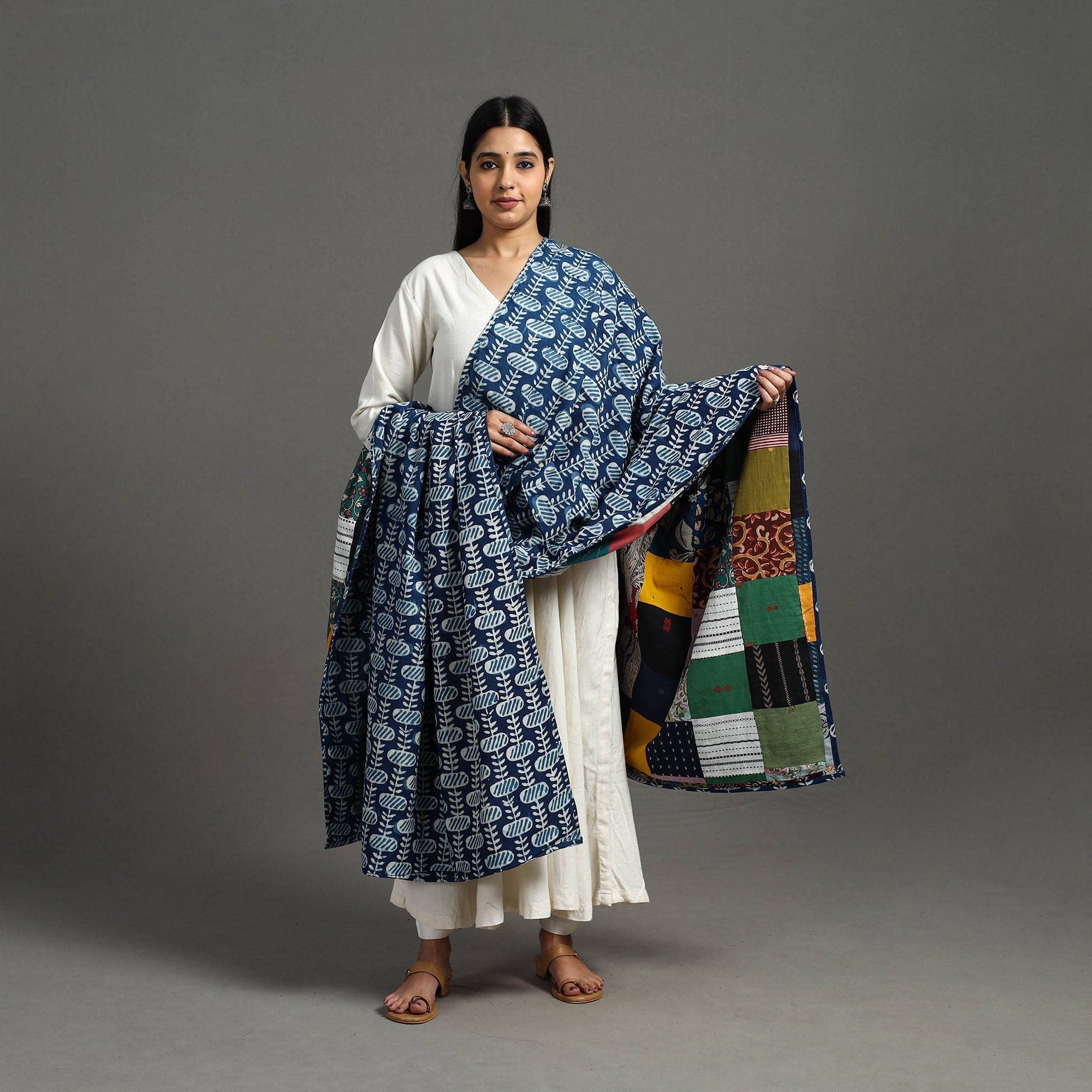 Multicolor - indigo cotton reversible patchwork dupatta 16