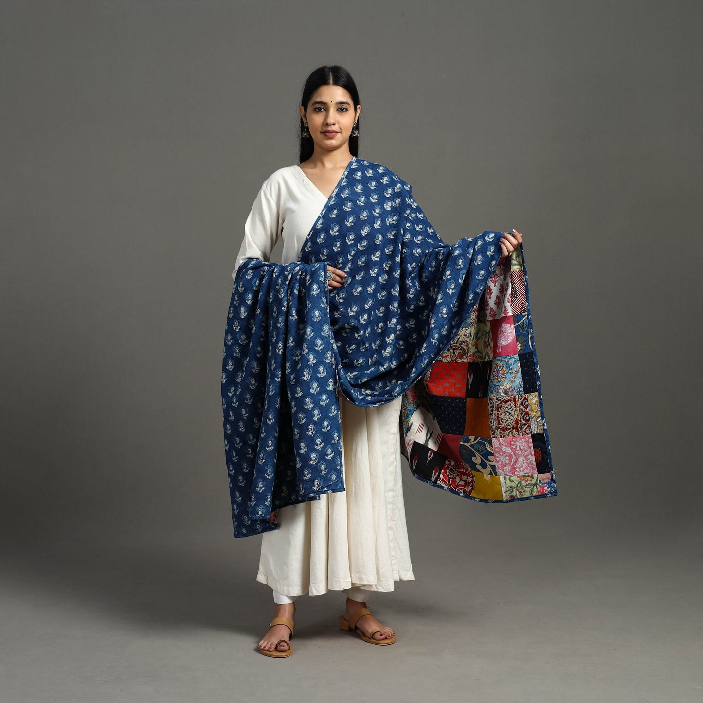 Multicolor - indigo cotton reversible patchwork dupatta 17