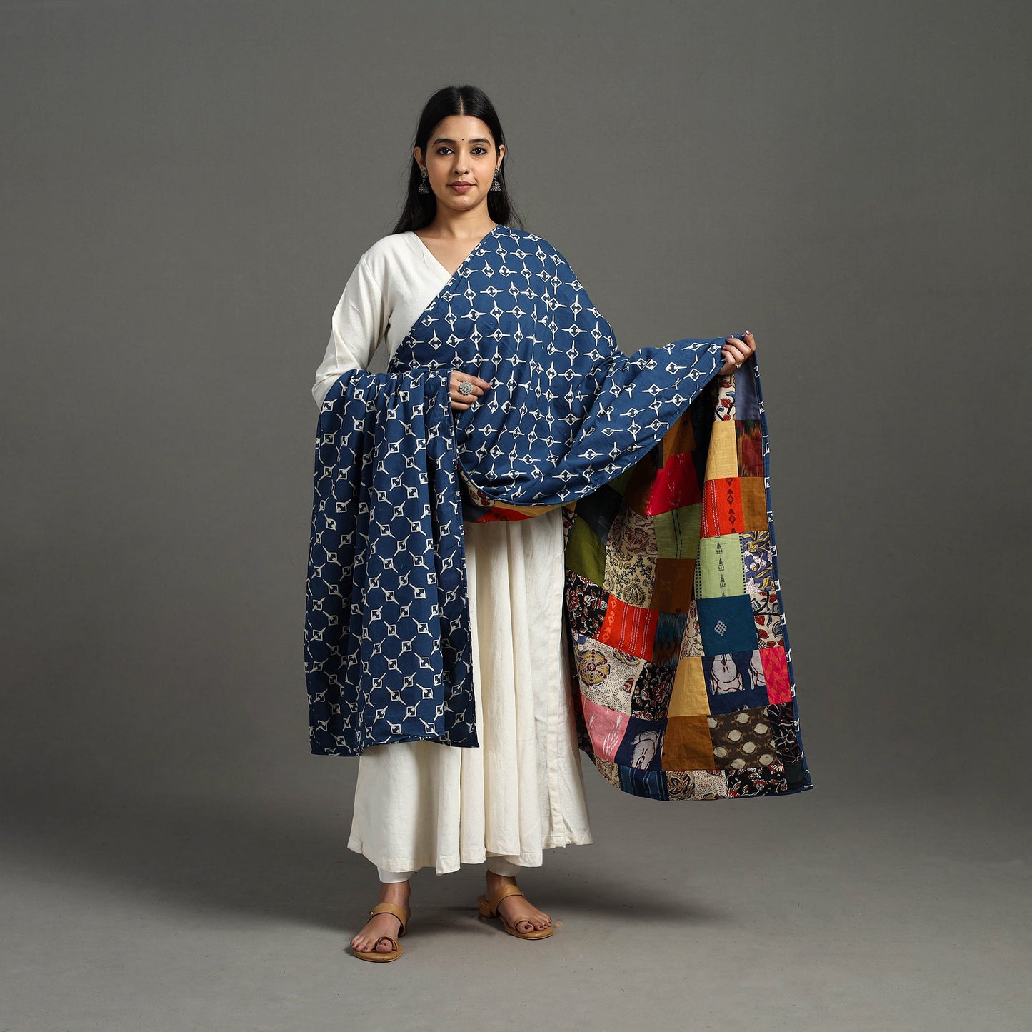 Multicolor - indigo cotton reversible patchwork dupatta 18