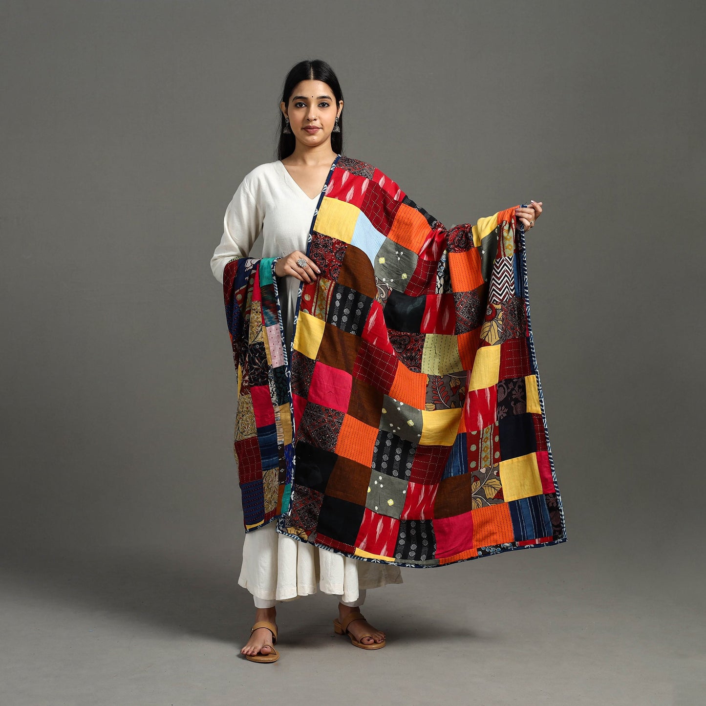 Multicolor - indigo cotton reversible patchwork dupatta 20