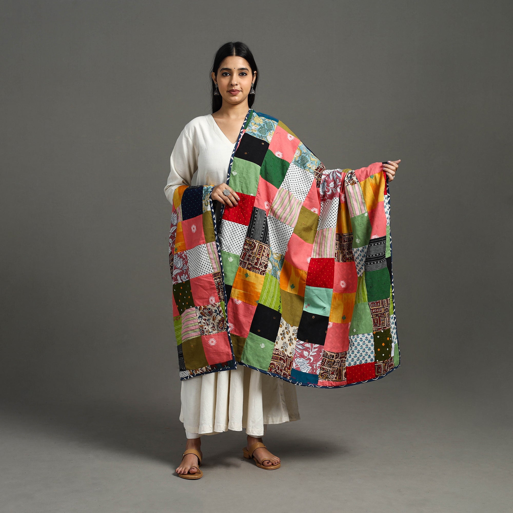 Multicolor - indigo cotton reversible patchwork dupatta 21