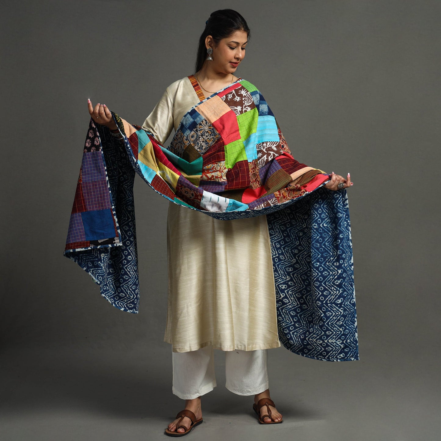 Multicolor - indigo reversible patchwork cotton dupatta 05