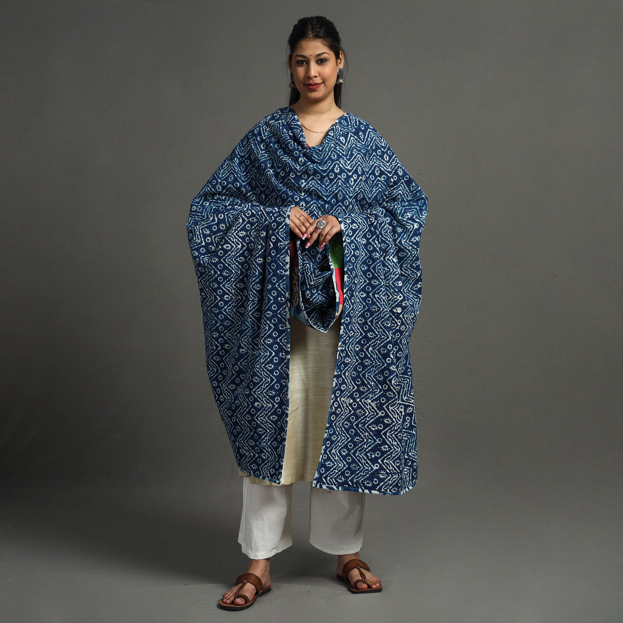 Multicolor - indigo reversible patchwork cotton dupatta 05