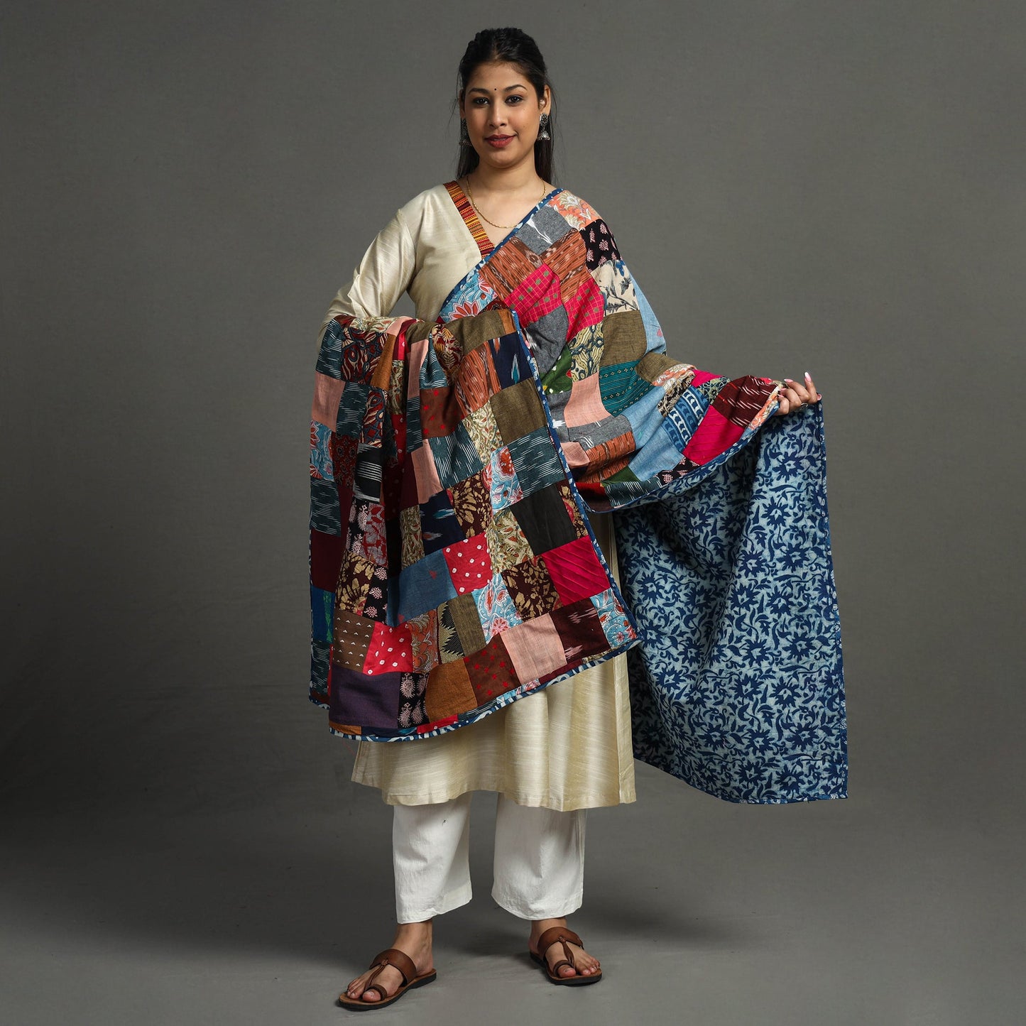 Multicolor - indigo reversible patchwork cotton dupatta 09