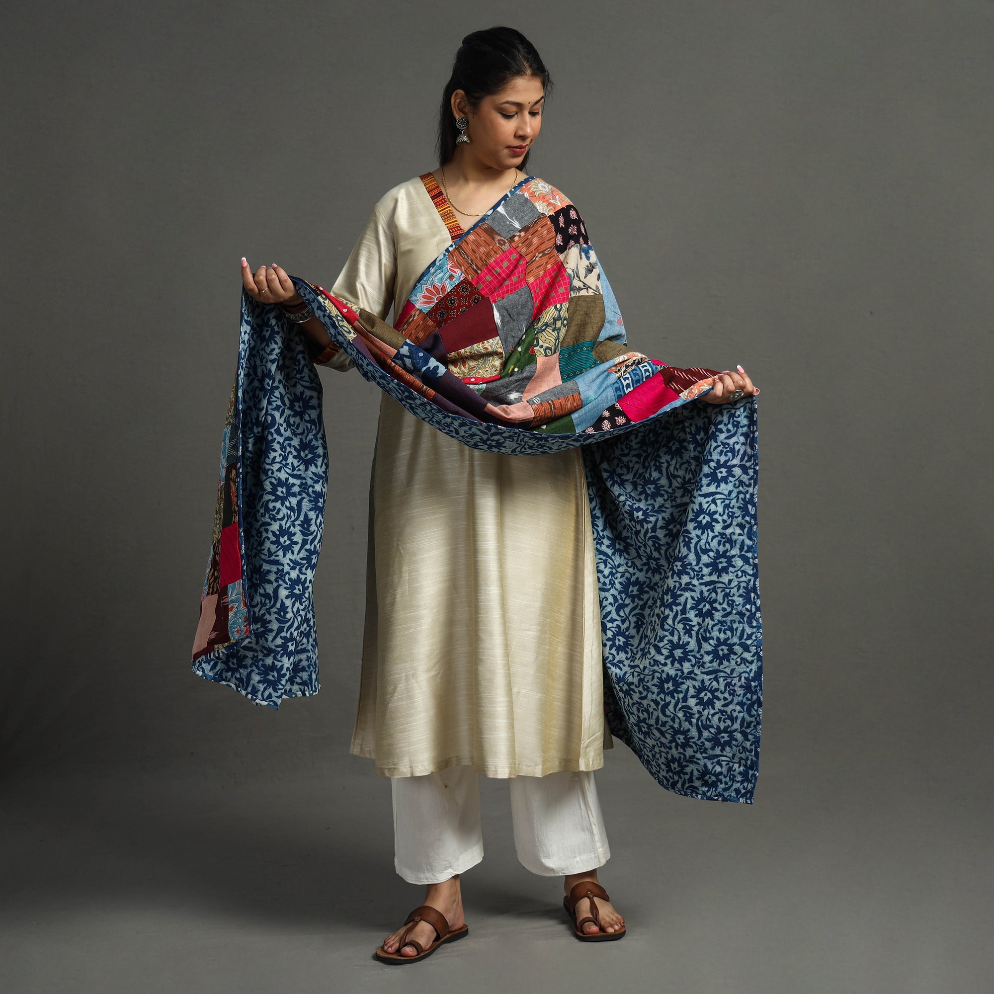 Multicolor - indigo reversible patchwork cotton dupatta 09