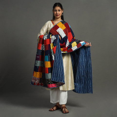 Multicolor - indigo reversible patchwork cotton dupatta 15