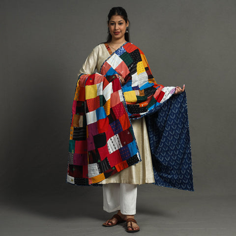 Multicolor - indigo reversible patchwork cotton dupatta 19