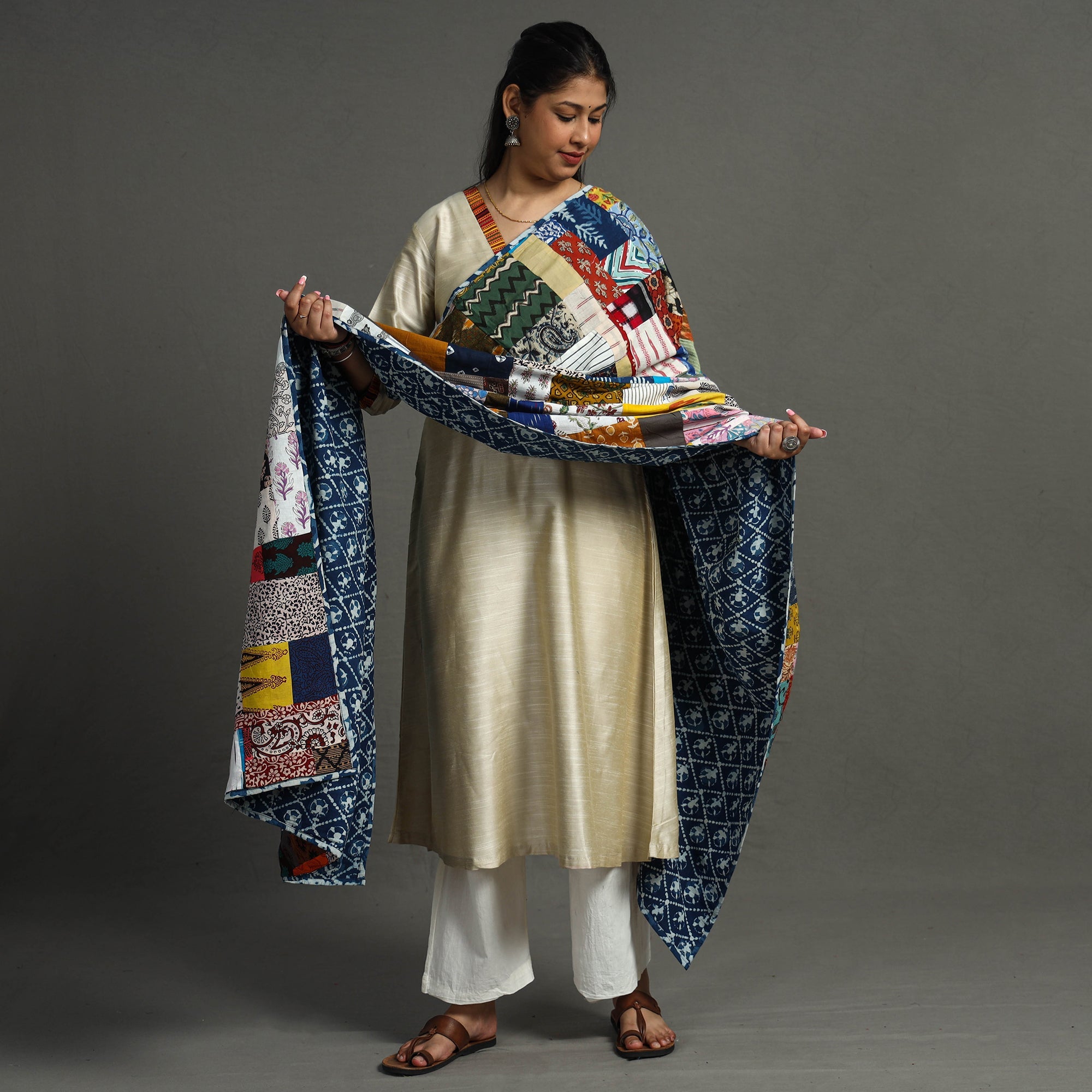 Multicolor - indigo reversible patchwork cotton dupatta 20