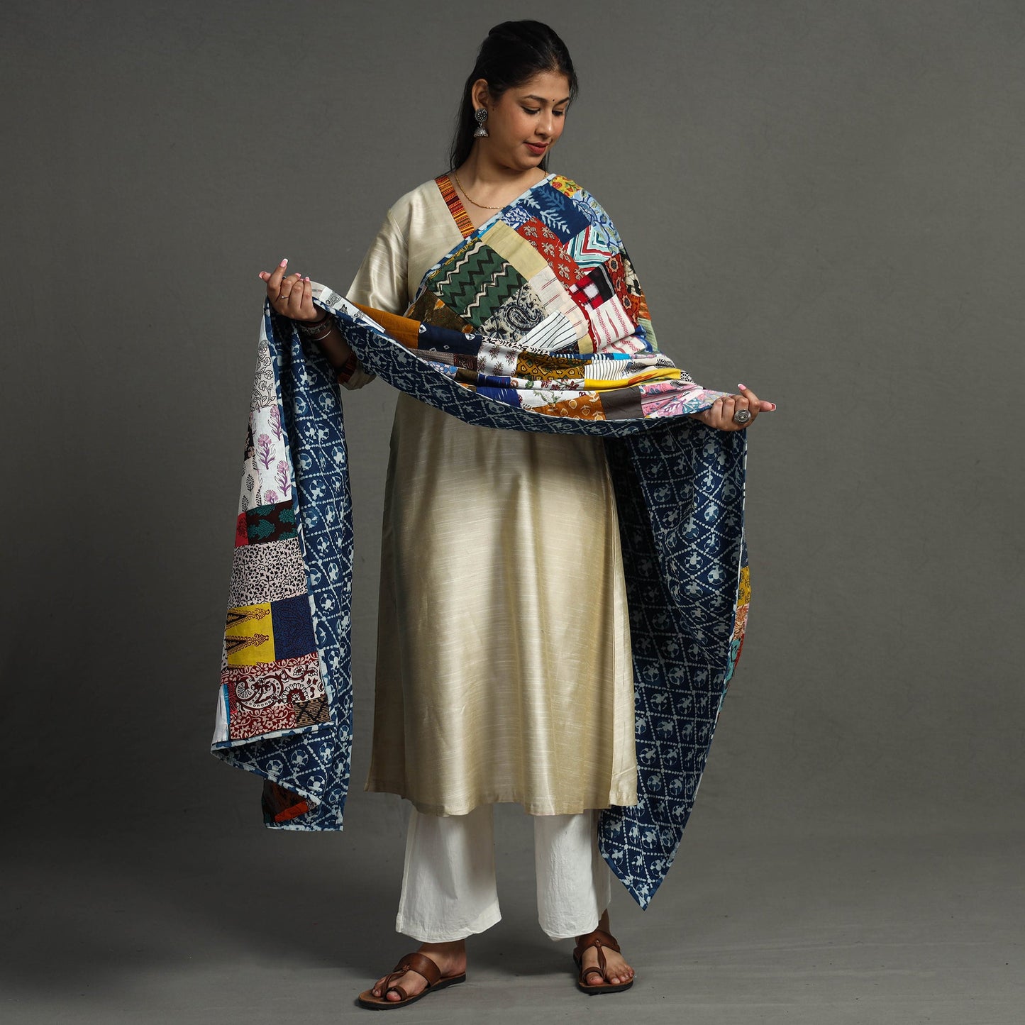 Multicolor - indigo reversible patchwork cotton dupatta 20
