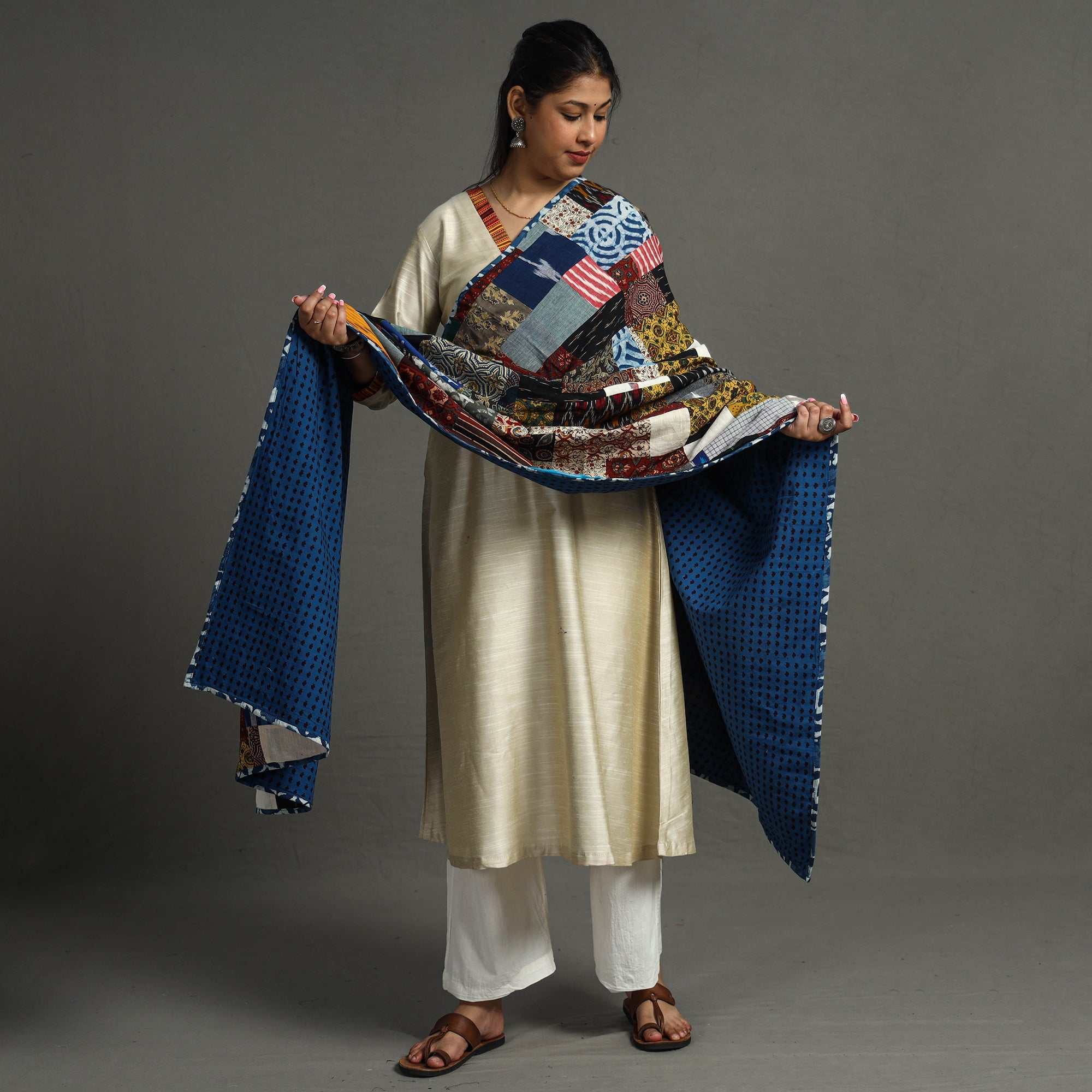 Multicolor - indigo reversible patchwork cotton dupatta 23